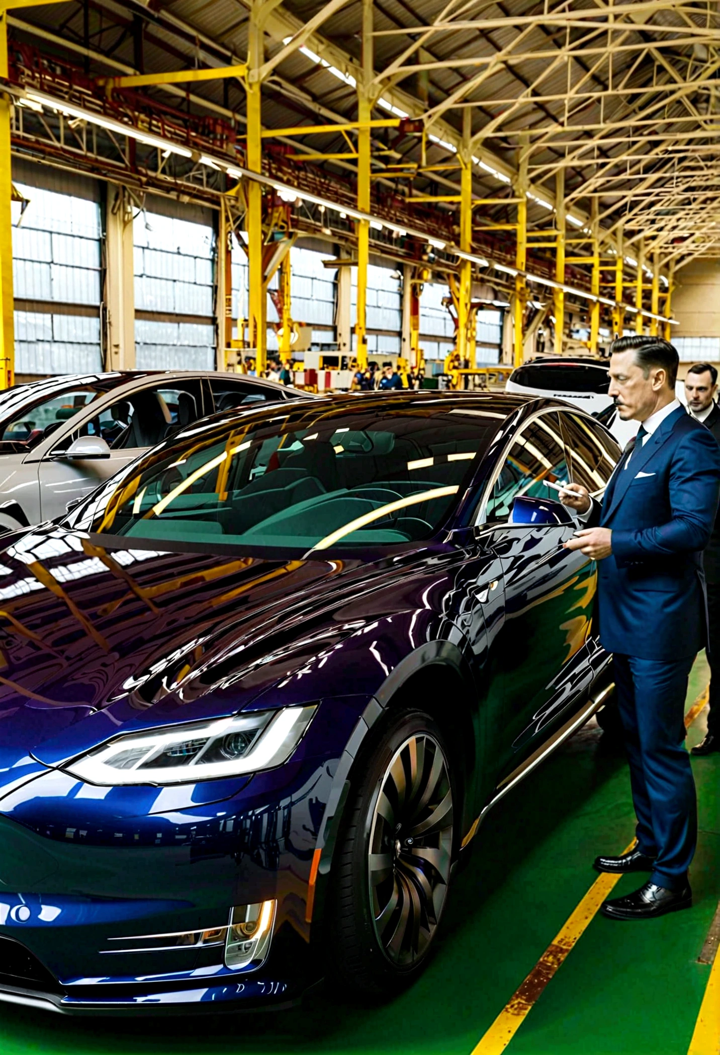 Thamas Edison and Nikalo Tesla in a factory looking at the production line of futuristic electric cars with a cigarette in their hand