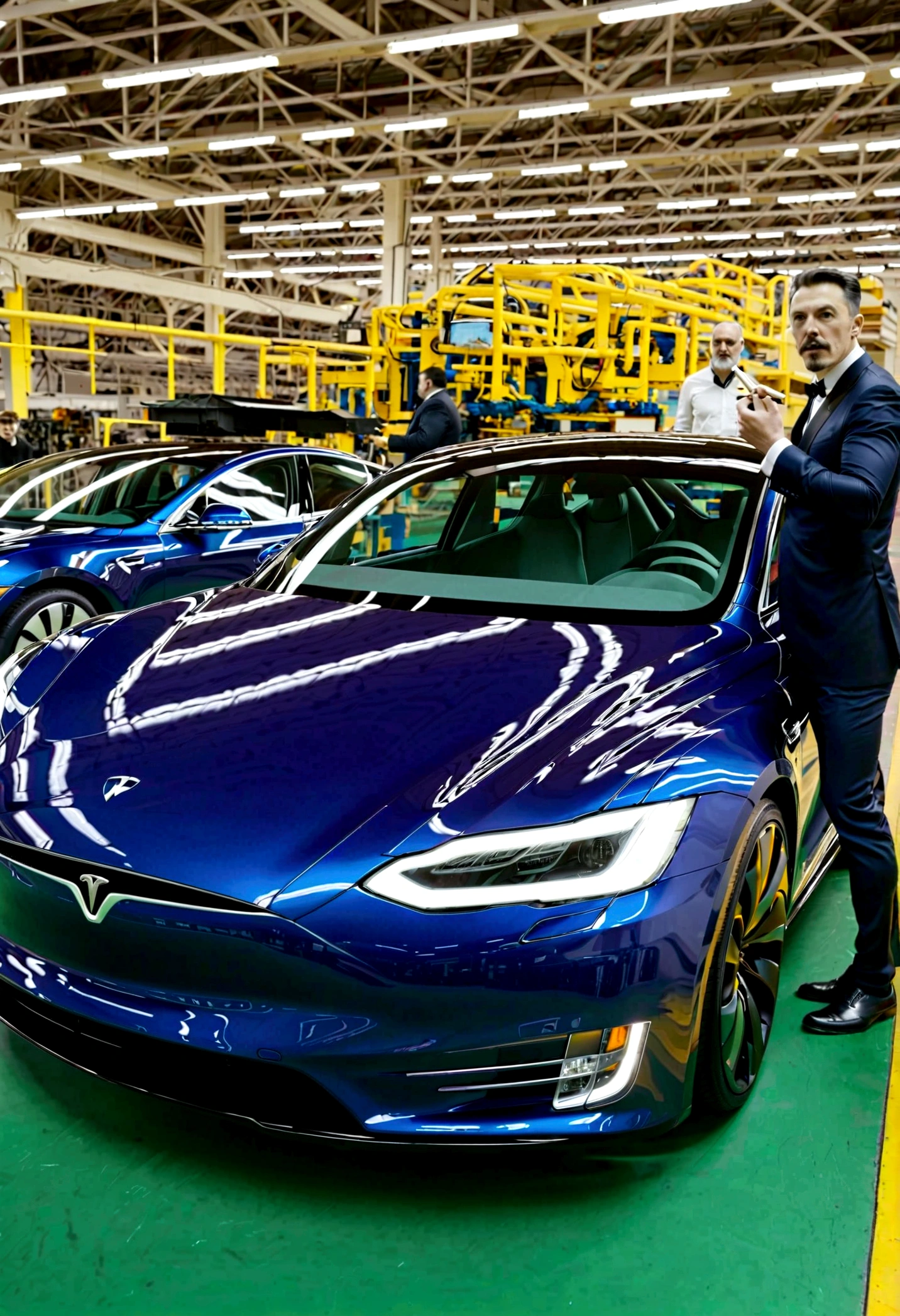 Thamas Edison and Nikalo Tesla in a factory looking at the production line of futuristic electric cars with a cigarette in their hand