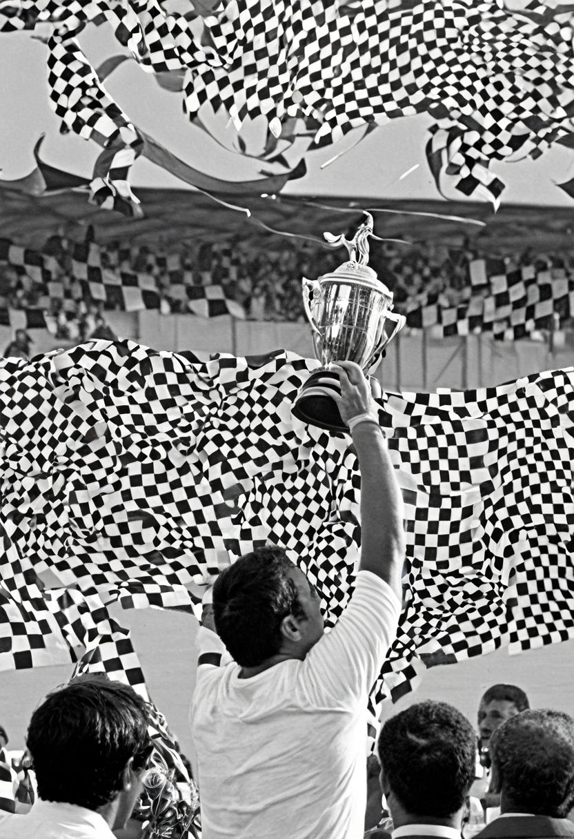 "A person lifting a trophy in a race, com amigos e familiares aplaudindo ao redor."