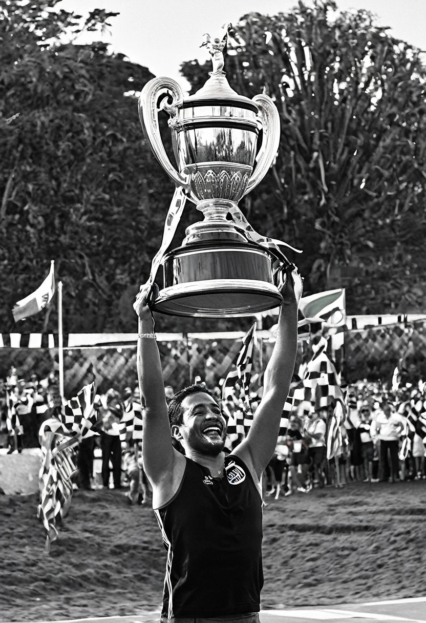 "A person lifting a trophy in a race, com amigos e familiares aplaudindo ao redor."