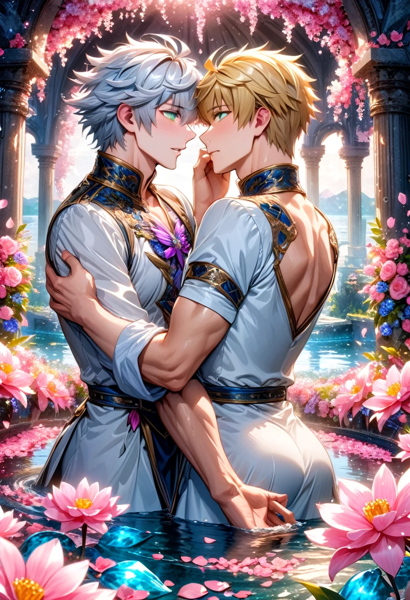 absurdres, highres, ultra detailed, HDR, master piece, best quality, Arthur Pendragon, blonde hair, expressive green eyes, fate grand order, Merlin, white hair, expressive blue eyes, two sexy men together, gay couple, yaoi, handsome, white tunic, black funic, fantasy, water, pink flowers, pink blossoms, pink butterflies, pink petals