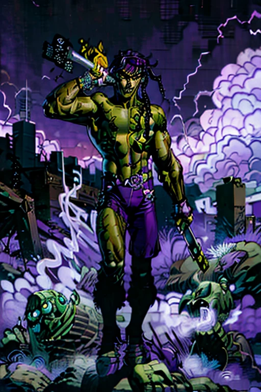 (Male of Caucasian origin).A ((muscular:1.2)) ((green skin:1.2)) ((zombie)), (missing left eye), long brown dreadlocks, rotting flesh, purple headband, purple shorts, athletic shoes, ((cigarillo in his mouth)) with massive clouds of purple smoke. smoke coming out of the left eye socket. Stoner.