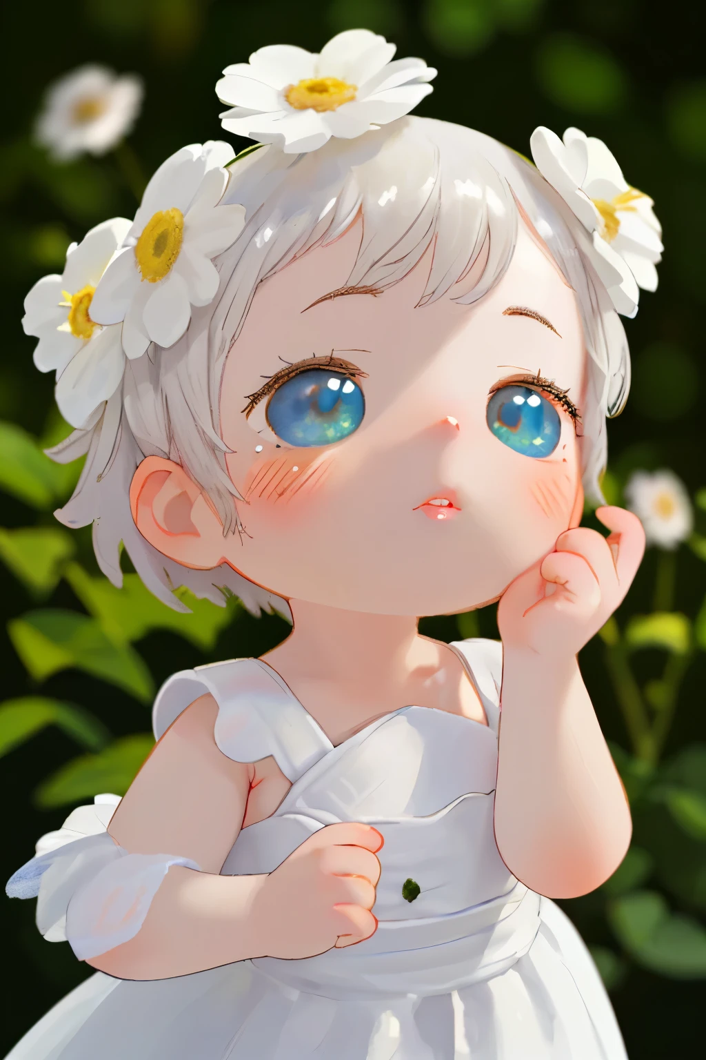 1girl, highly detailed, photorealistic, adorable chibi girl, holding a daisy in her left hand, plucking the petals of the daisy with her right hand, beautiful detailed eyes, beautiful detailed lips, extremely detailed face and hair, intricate floral dress, soft lighting, delicate petals, serene expression, pastoral garden background, vibrant colors, cinematic composition, masterpiece, (best quality,4k,8k,highres,masterpiece:1.2),ultra-detailed,(realistic,photorealistic,photo-realistic:1.37)