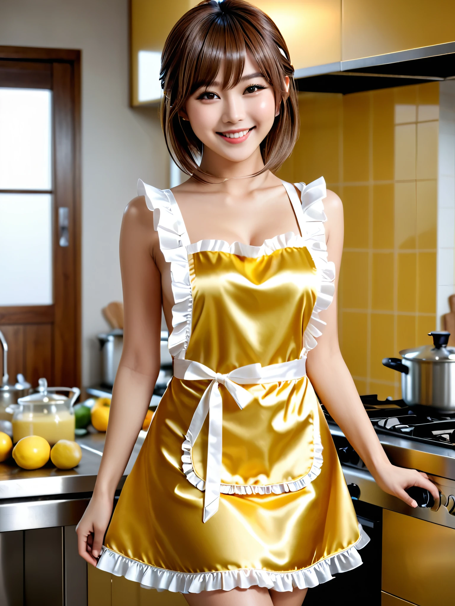 product quality, 1girl, full body shot, front view, a Japanese young pretty girl, shoulder length hair, wearing only a silky satin light yellow apron with white frills over her naked body with a big smile, cooking in a kitchen, glamorous figure, busty, hyper cute face, glossy lips, double eyelids in both eyes, natural makeup, long eyelashes, shiny smooth light brown hair, asymmetrical bangs, fair skin, central image, high resolution, high detail, detailed hairstyle, detailed face, cinematic lighting, octane rendering, vibrant, hyper realistic, perfect limbs, perfect anatomy