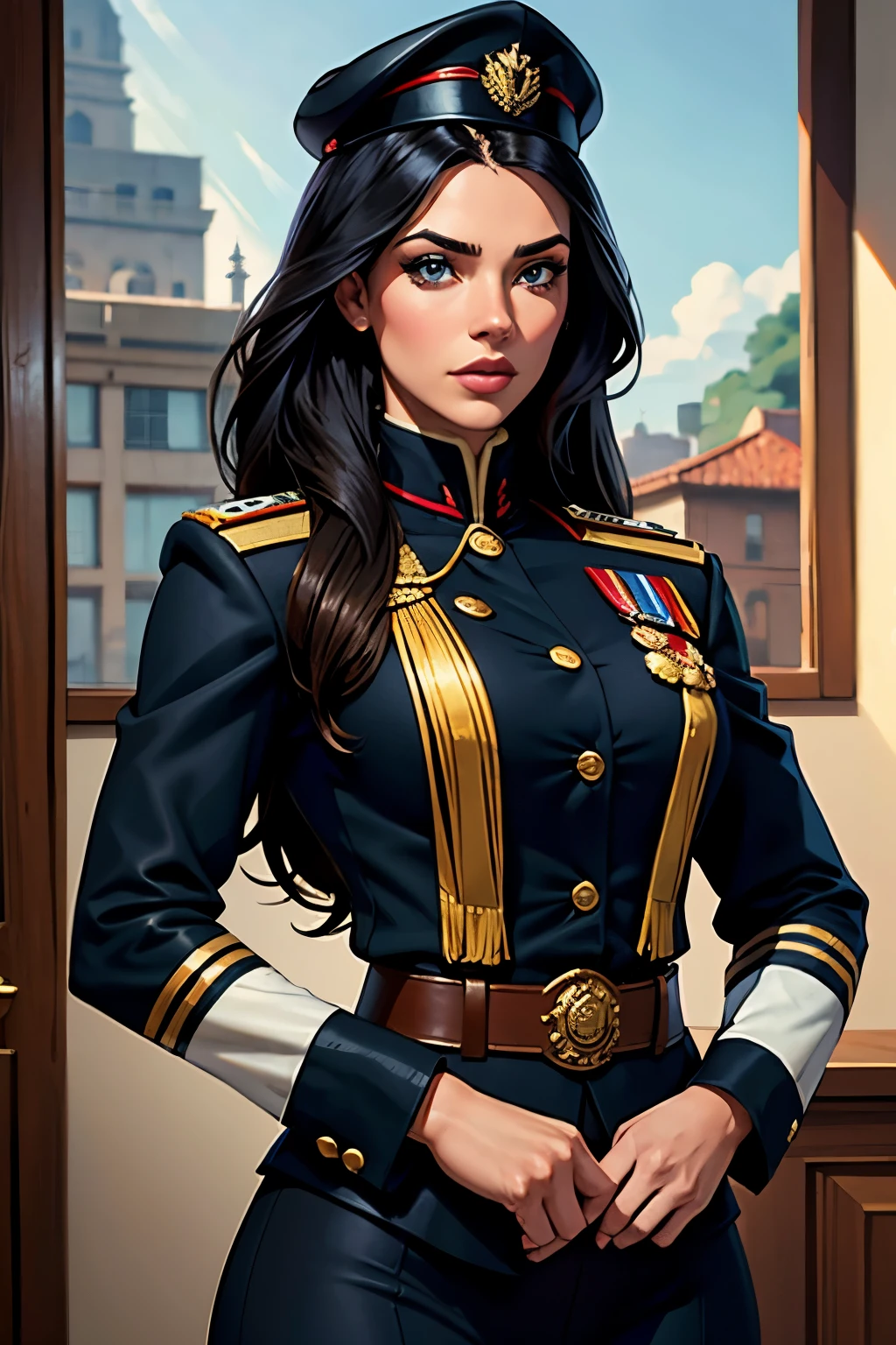 (higher resolution, distinto_imagem) melhor qualidade, mulher, Obra de arte, alto detalhe, Semi-realista, cabelo curto preto, cabelo preto, franja, 21 anos de idade, maduro, jovem, Roupas pretas, uniforme preto, Black cap, military school beauty heroic and heroic inner background exquisite and exquisite facial features