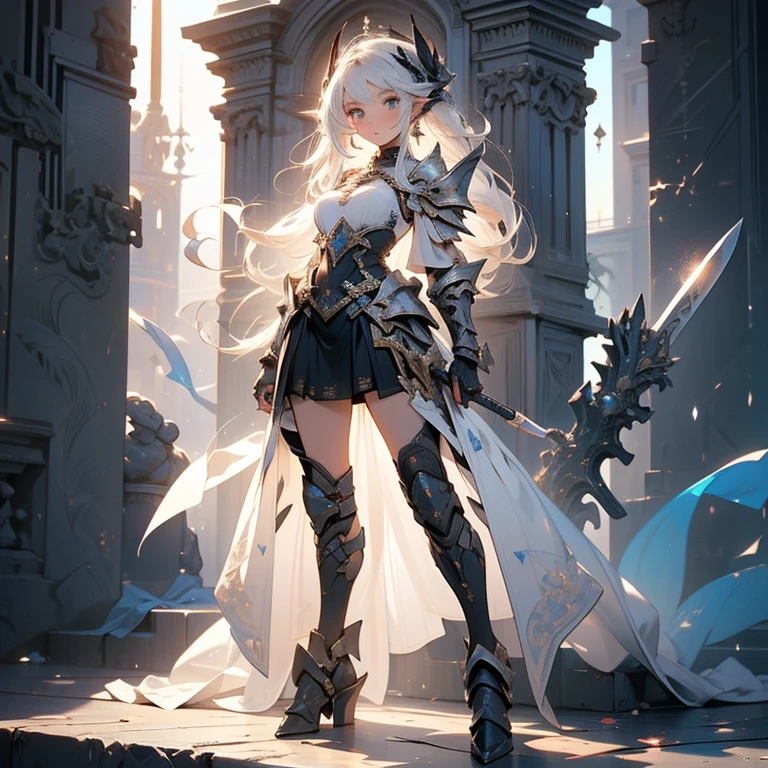 Design a layout showcase Gaming character, (1girl). Golden+Purle clothes, stylish and unique, ((showcase weapon:1.4)), magic staff, (masterpiece:1.2), (best quality), 4k, ultra-detailed, (Step by step design, layout art:1.5), (luminous lighting, atmospheric lighting), magican, ((glove full hands)), (((revealing clothes:1.3))), vambraces, armored legwear, (((full_body_shot:1.4)))