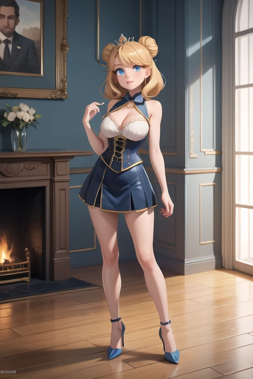 ((Best quality)), ((Masterpiece)), (detailed), (4K quality), (Detailed face:1.2), (Detailed eyes:1.2), (Perfect figure:1.2), 1girl, solo, 26 year old, Scandinavian woman, Princess, Golden hair, bun-like hairstyle, bright blue eyes, pale ski, large breasts, tight blue dress, corset, cleavage, diamond tiara, white stash, blue high-heels, full body shot, (Background: Indoors, interior of a royal palace)
