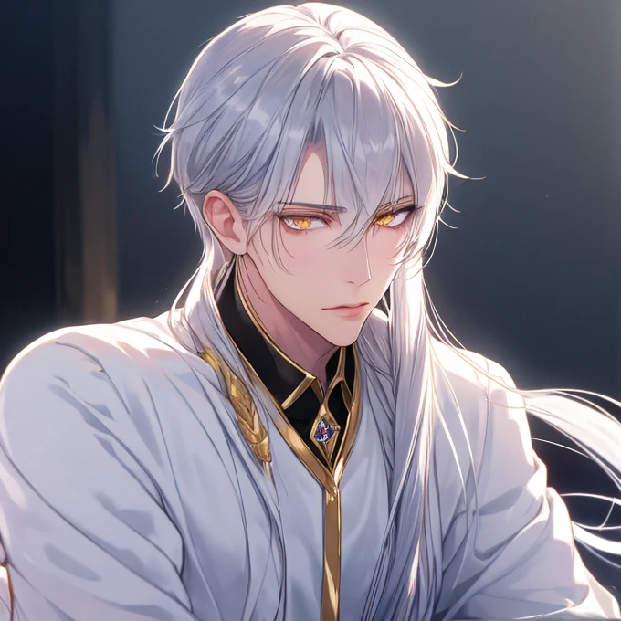 ‪ (masterpiece, 8k, Absurd, Digital Art, Digital Illustration, Realistic, Very detailed, Realistic lighting), (Perfect Face, Perfect Eyes, Perfect body), male,1 person,fox耳,Arms crossed,妖fox, fox,male的な, Adult,good looking, Sharp features,good looking, alone, male1名, Long silver hair,Sharp eyes, Golden Eyes, White clothes, Fantasy, Calm expression,I&#39;m in the demon world,Cold,cruel