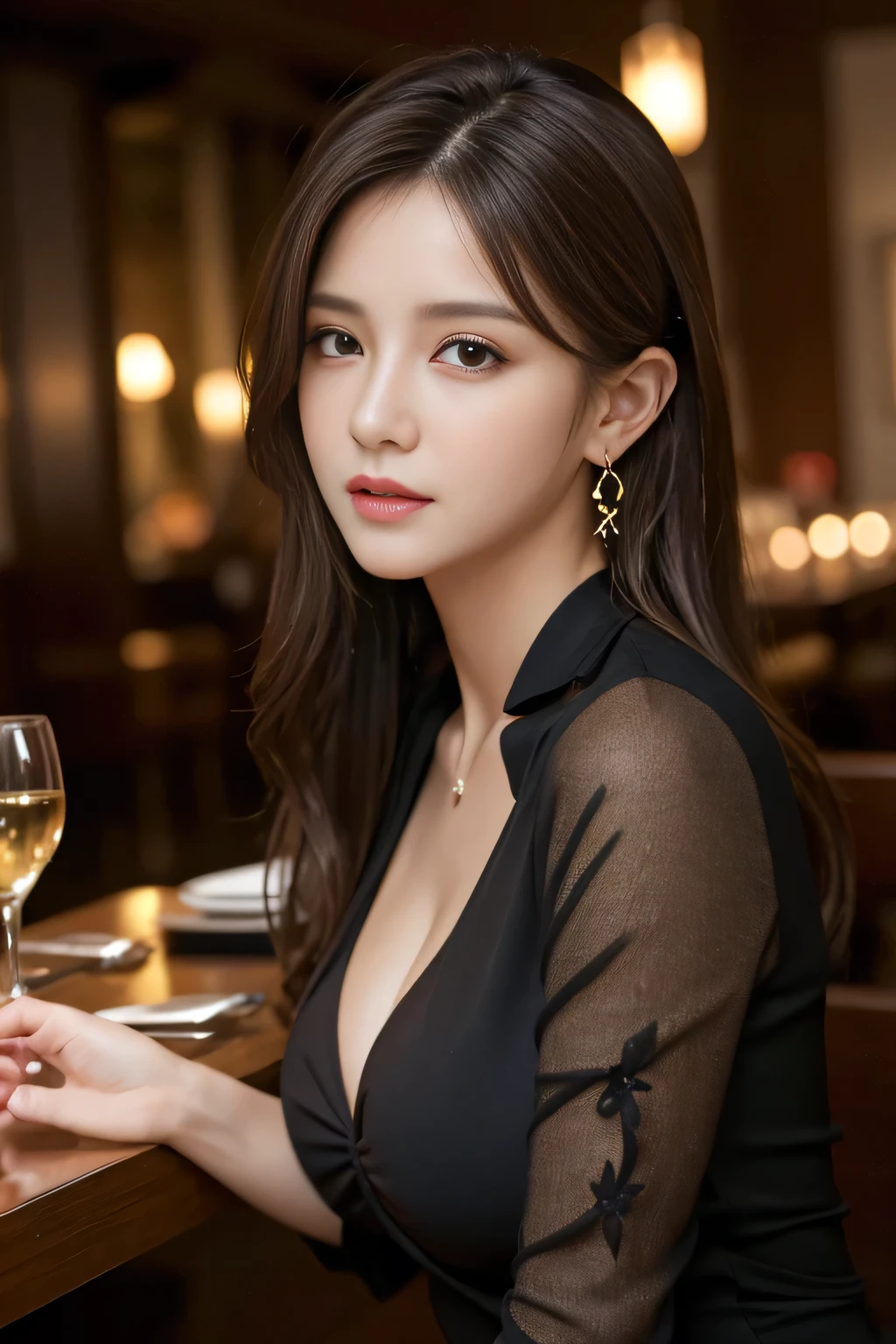 masterpiece, highest quality, Realistic, Very detailed, Finer details, High resolution, 8k wallpaper, One beautiful woman, Wear a black see-through shirt, In a great restaurant, At night, Light brown messy hair, Perfect dynamic composition, Beautiful and beautiful eyes、Big earrings,Deep cleavage、