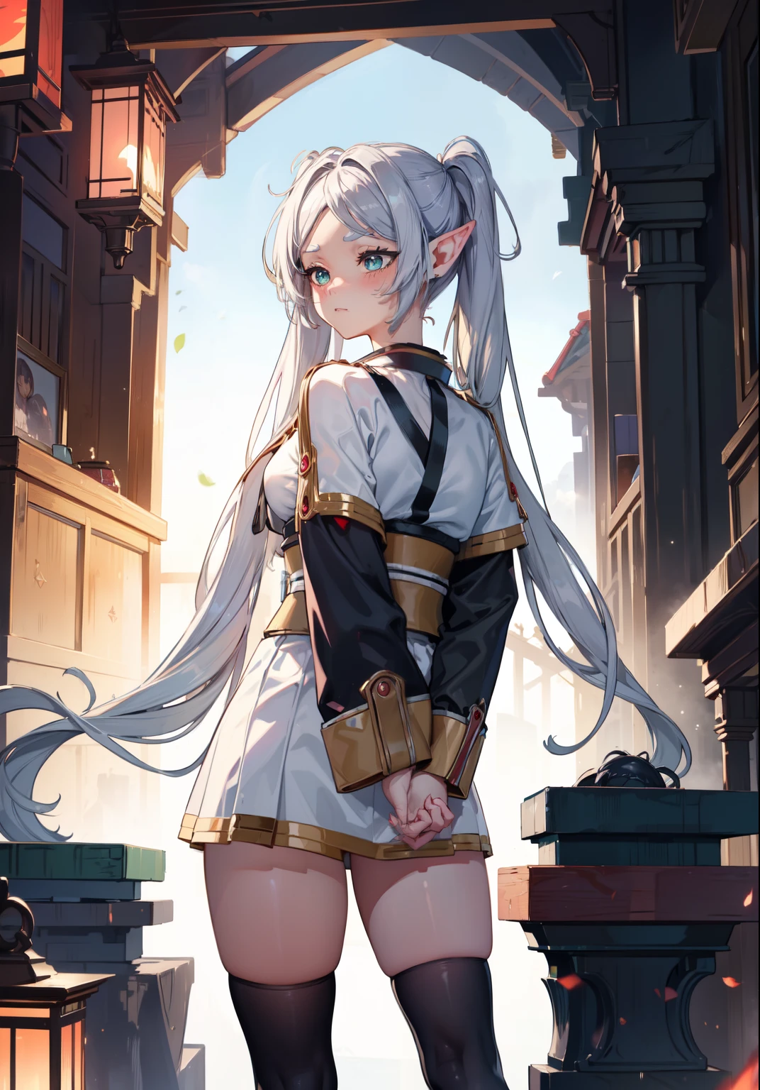 8k, high quality, High resolution, Realistic, Attention to detail, Highly detailed face, ((masterpiece)),
((Freeze Base)), beautiful girl, (Flat Body), Fairy, Pointed Ears, Gray Hair, (Long twin tails), Green Eyes, staff,
White Capelet, Striped shirt, White Skirt, Long sleeve, belt,  White Cape, magic, magic circle, (Shabby ruins), Medieval village, Attractive pose,Hold the spellbook and cast magic、Thighs、barefoot、pants、underwear、Half naked