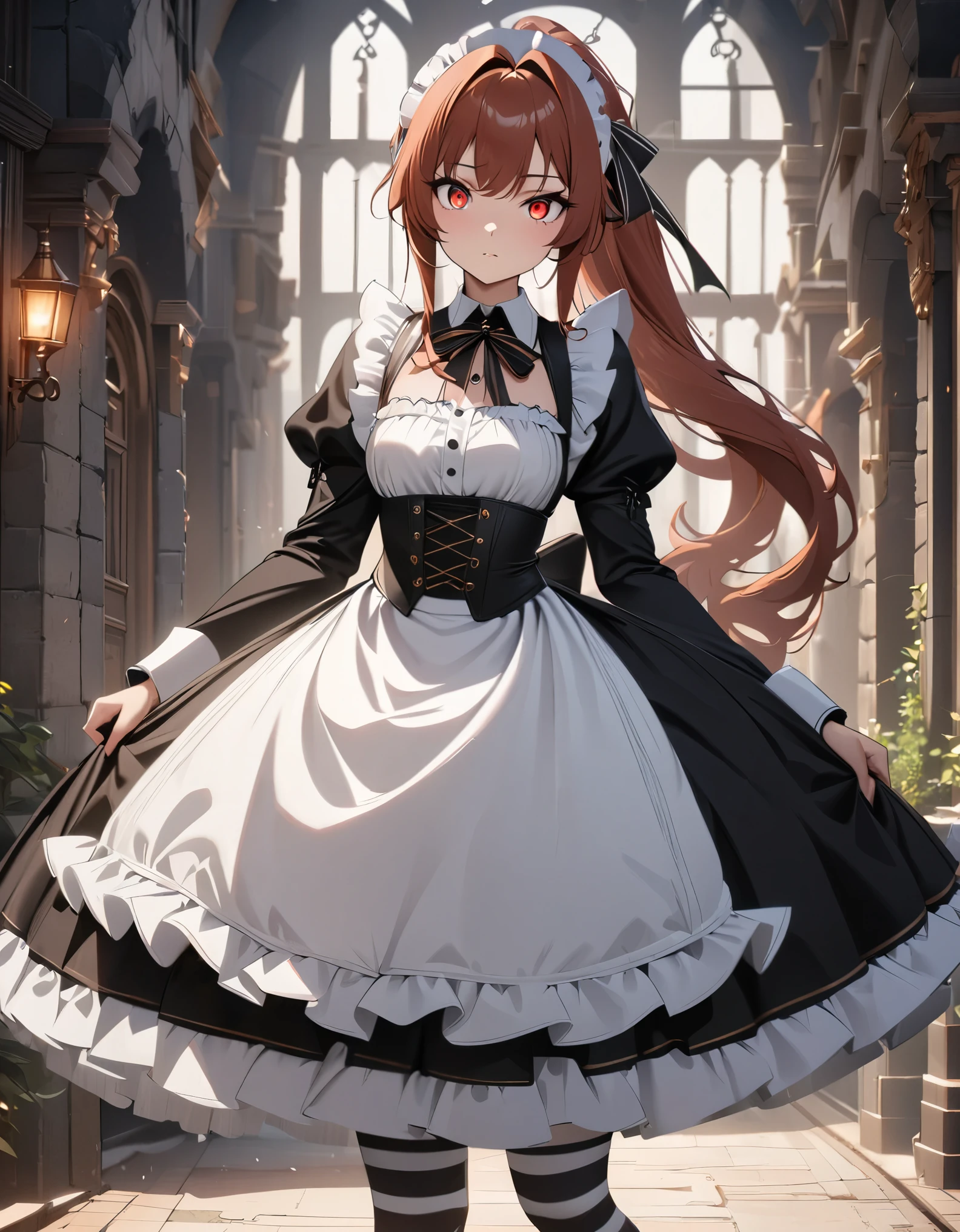 (best quality,4k,8k,highres,masterpiece:1.2),ultra-detailed, (1girl) A cute age gunslinger maid with red eyes, drawn in anime style, spiky ginger hair in a long ponytail, protective and caring, victorian fashion, wearing a cute black maid dress with short puffy sleeves, gorgeous dress design,flowing gown,elaborate lace details,rich textures,contrast stitching,delicate ribbon bows,floral accents,full skirt,long sleeves,fitted waistline,lace-up back,luxurious fabrics,flawless silhouette, corset, tactical gear, light armour, petticoat, bloomers, a frilly headband, a frilly white apron, high-heel boots, striped stockings, ribbons, wielding a steampunk pistol, steampunk style, guarding a castle hallway, extremely detailed eyes and face,longeyelashes,volumetric lighting,cinematic lighting,protective posture,dramatic close up,highly detailed texture,intricate details.