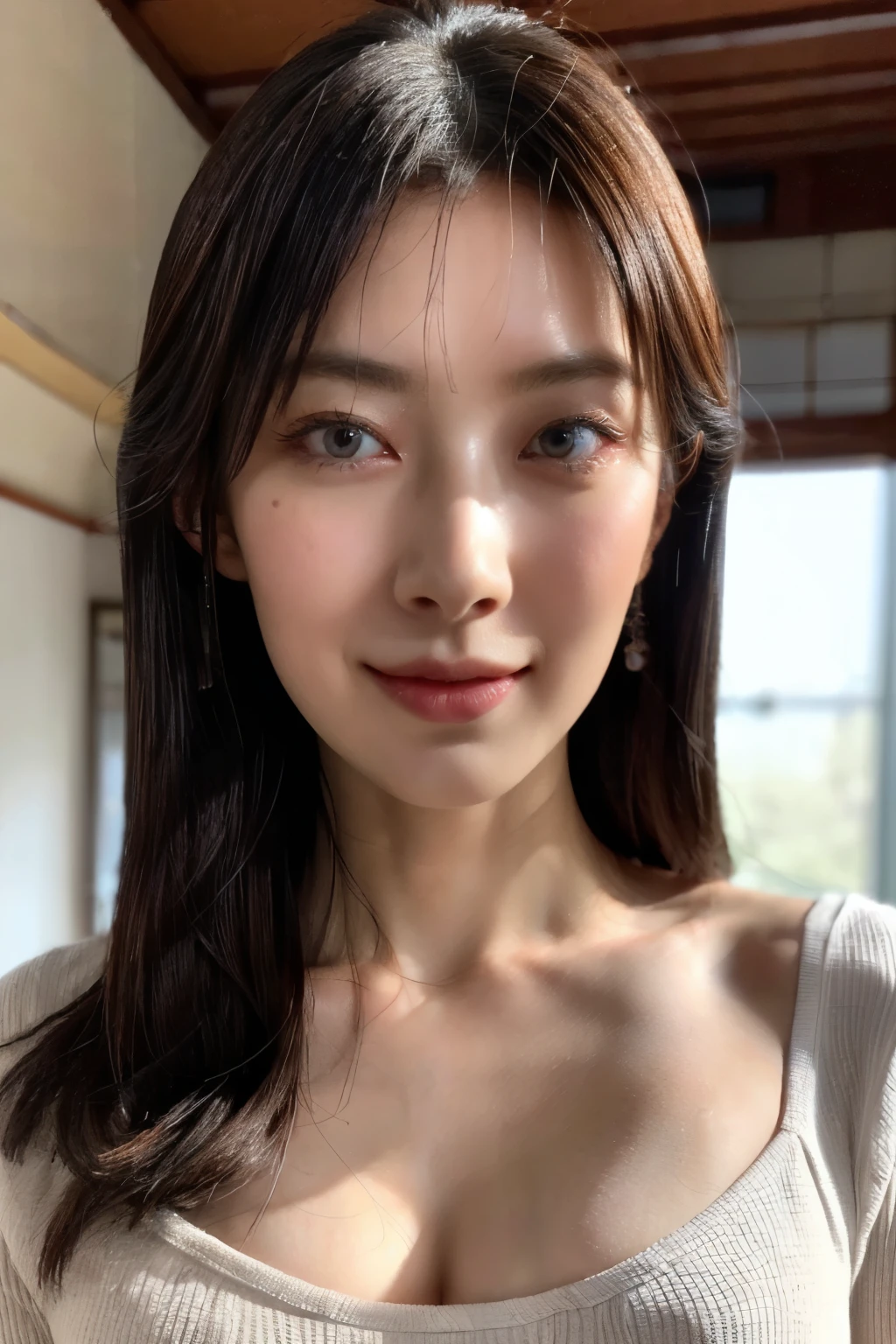 (realistic, photo realistic:1.4), (masterpiece, best quality:1.2), RAW photo, 8k, high resolution, intricate details, extremely detailed, insanely detailed, incredibly detailed, finely detailed,
soft light, cinematic lighting, 
(portrait, frontal photography, looking at viewer:1.5), 
solo, 1girl, Japanese idol ,Japanese actress, beautiful symmetrical eyes, detailed eyes, detailed face, pale skin, fine-textured skin,
(slender, flat chest, tiny breasts), (tight fit, sheer t-shirt, collarbone, covered nipples, cloth bulge), photo background, indoors,,