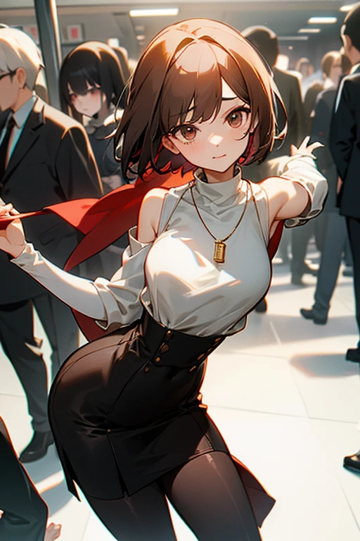 Brown short bob、Sleeveless white sweater、Wearing arm covers、Flared sleeves、Tight Skirt、Black Stockings、necklace、Extremely crowded train、There are a lot of people crowded together、Disheveled clothes、Your cheeks are red、slender、Curved waist、slender、Beautiful clavicle、There are a lot of people and they are close to each other、pants suit、