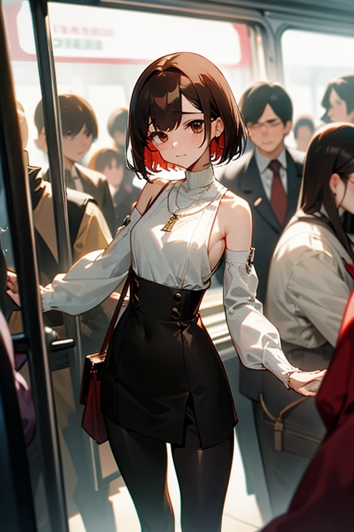 Brown short bob、Sleeveless white sweater、Wearing arm covers、Flared sleeves、Tight Skirt、Black Stockings、necklace、Extremely crowded train、There are a lot of people crowded together、Disheveled clothes、Your cheeks are red、slender、Curved waist、slender、Beautiful clavicle、There are a lot of people and they are close to each other、pants suit、