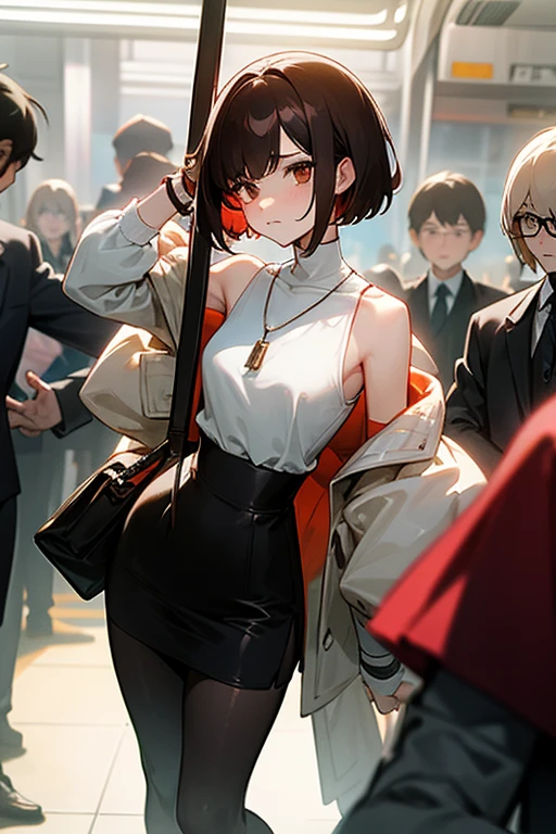 Brown short bob、Sleeveless white sweater、Wearing arm covers、Flared sleeves、Tight Skirt、Black Stockings、necklace、Extremely crowded train、There are a lot of people crowded together、Disheveled clothes、Your cheeks are red、slender、Curved waist、slender、Beautiful clavicle、There are a lot of people and they are close to each other、pants suit、