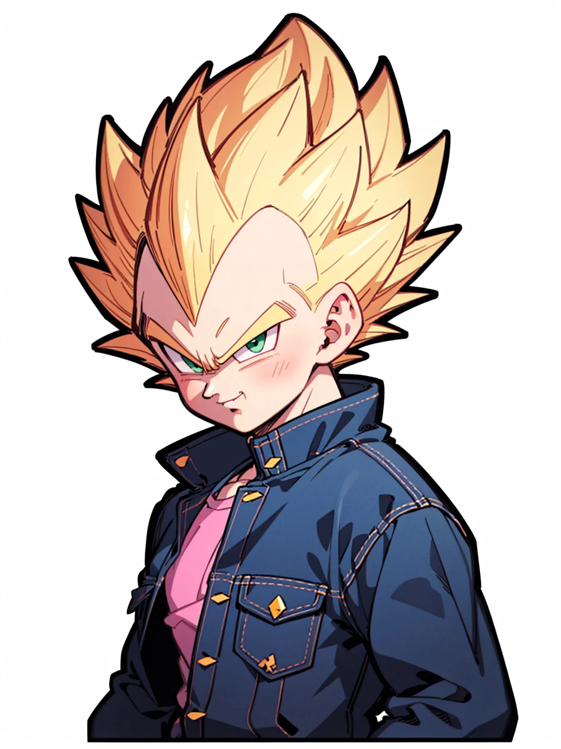 1man, solo, (masterpiece), best quality, ultra-detailed, Vegeta from Dragon Ball Z, super saiyan hair, Retro style, full body. fashion cloth, purple jean jacket, fancy, portrait, upper body, face detail, eyes detail: 1.3, simple background, green eyes, pink shirt, white background.