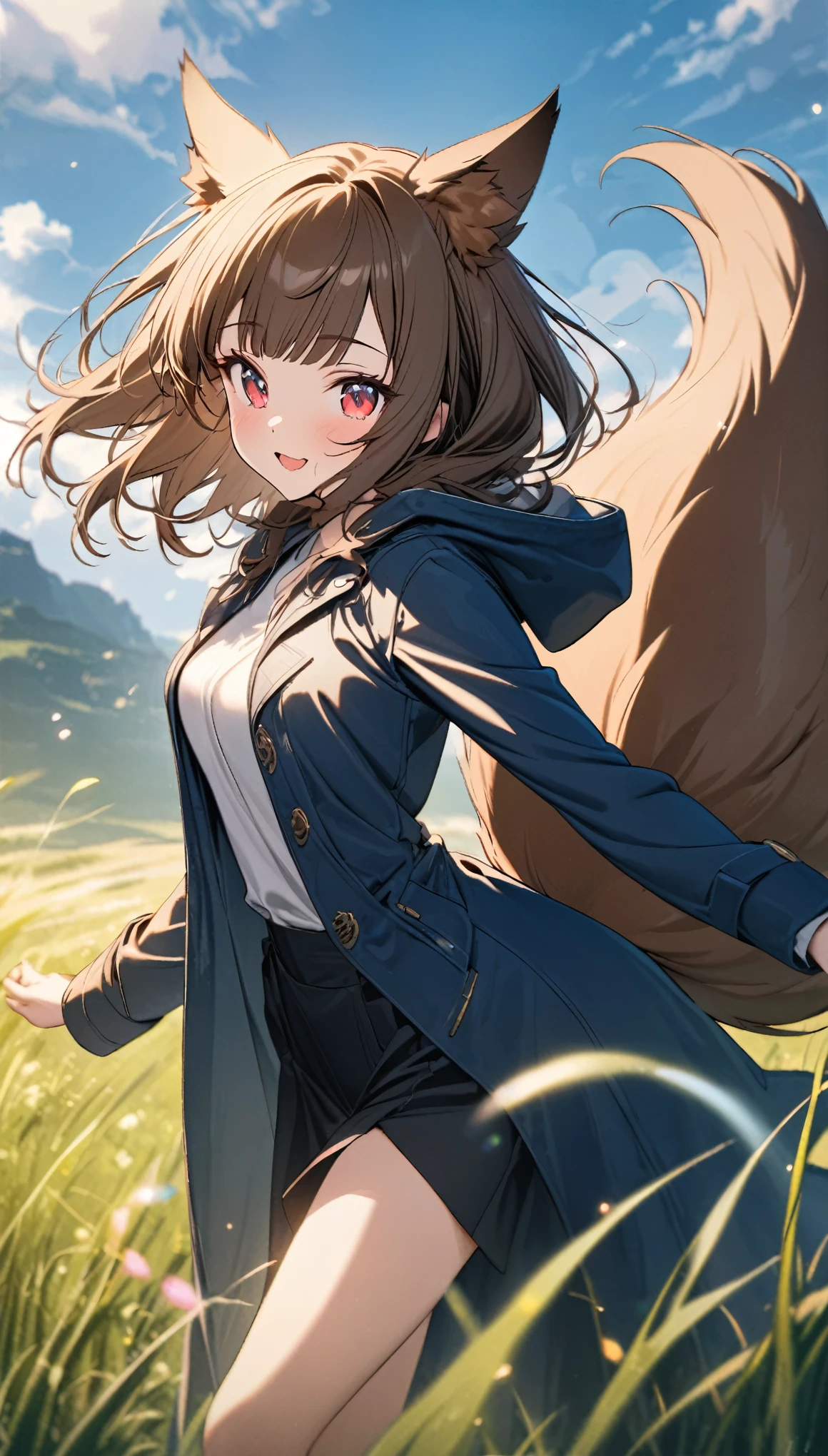 best quality, super fine, 16k, incredibly absurdres, extremely detailed, delicate and dynamic, cute wolf beast girl, ruby-red eyes, brown ears, straight brown hair, blunt bangs, big fluffy brown tail, captivating look, aroused expression, slender, wearing navy blue long coat with hood, smiling and frolicking in the grassland, gentle effects of sparkling pastel colors, cute images with a delicate and gentle touch