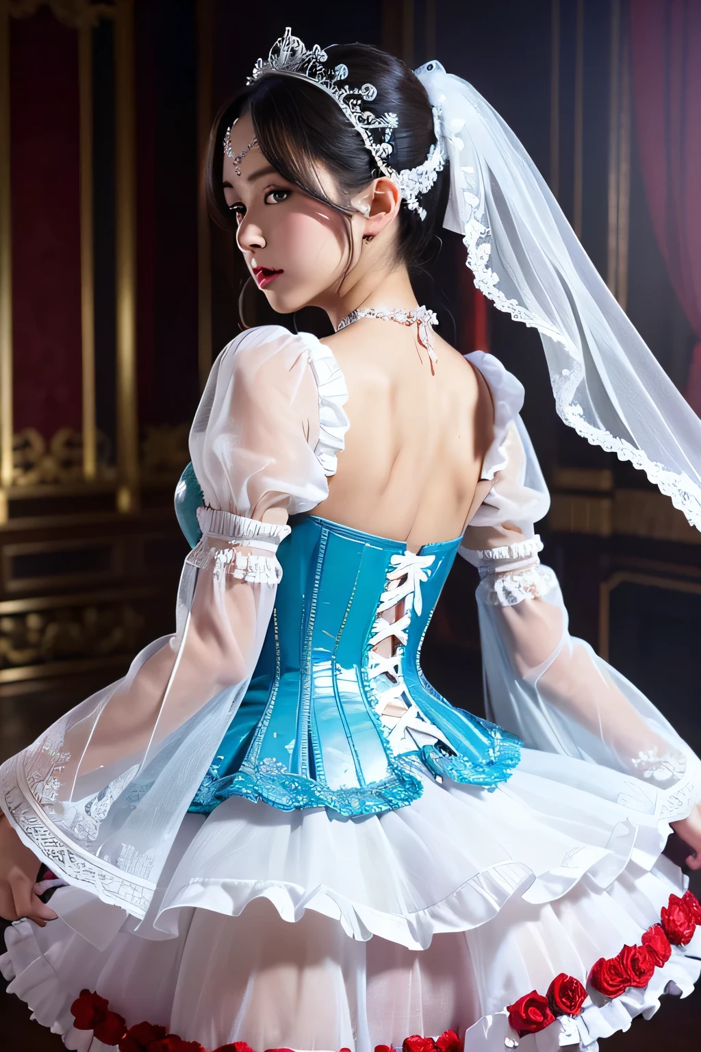 ((extremely detailed CG unity 8k wallpaper)), masterpiece, ultra-detailed, floating, high resolution, sexually suggestive, (petite, absurdly long white hair, princess, white mage, blue eyes, (ornate long white and red see through layered long dress with long detached wide sleeves and intricate embroidery), bridal veil, circlet, bridal gauntlets, blushing, shy, arched back, ruffled petticoat, ornate corset, Rose for Blackpink.