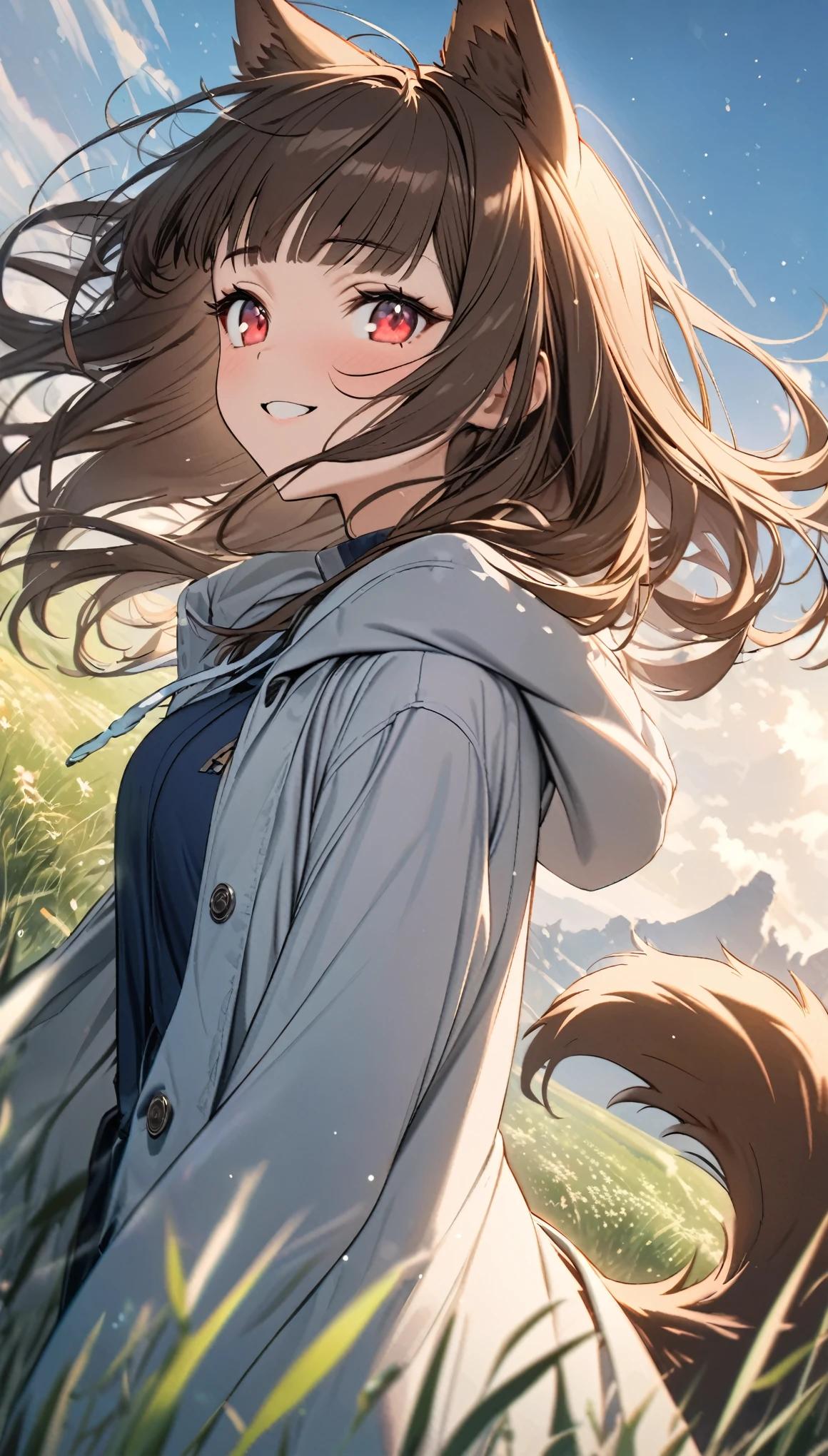 best quality, super fine, 16k, incredibly absurdres, extremely detailed, delicate and dynamic, cute wolf beast girl, ruby-red eyes, brown ears, straight brown hair, blunt bangs, big fluffy brown tail, captivating look, aroused expression, slender, wearing navy blue long coat with hood, smiling and frolicking in the grassland, gentle effects of sparkling pastel colors, cute images with a delicate and gentle touch