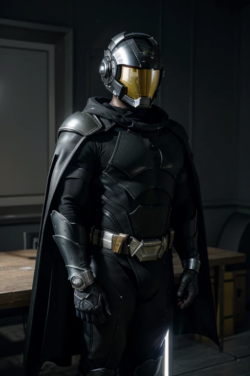 highres:1.2), ultra-detailed, realistic, superhero man, godly metal silver armor, black cape, black gloves, black stripes on both sides of arms, no logo on armor, wears a black astronaut helmet with yellow visor, superhero base, cinematic lighting, dramatic shadows, volumetric lighting, epic fantasy, hyper detailed, majestic, awe-inspiring, heroic, powerful pose