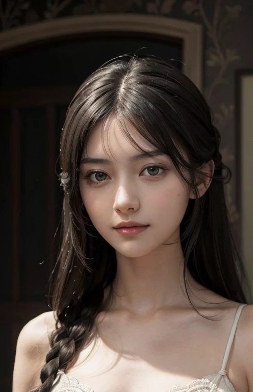 (Surreal), (illustration), (Improve resolution), (8K), (Very detailed), (Best illustration), (Beautiful and delicate eyes), (best quality), (Super detailed), (masterpiece ), ( wallpaper), (Delicate face), Solitary, 1 girl, looking at the audience, fine details, Delicate face, in the darkness, Deep Shadows, Low profile, purebred face_V1, Smile, long hair, Black shawl straight hair , Side bangs , Big boobs , Black , braid