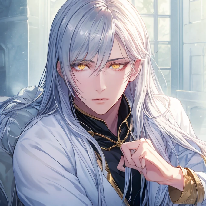  (masterpiece, 8k, Absurd, Digital Art, Digital Illustration, Realistic, Very detailed, Realistic lighting), (Perfect Face, Perfect Eyes, Perfect body), male,1 person,fox耳,whole body,magic,妖fox, fox,male的な, Adult,good looking, Sharp features,good looking, alone, male1名, Long silver hair,Sharp eyes, Golden Eyes, White clothes, Fantasy, Calm expression,I'm in the demon world,Cold,cruel