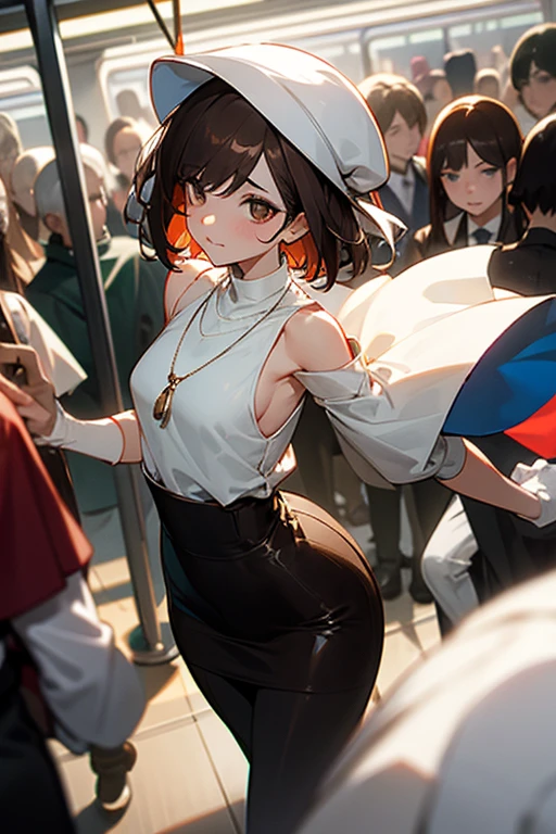 Brown short bob、Sleeveless white sweater、Wearing arm covers、Flared sleeves、Tight Skirt、Black Stockings、necklace、Extremely crowded train、There are a lot of people crowded together、Disheveled clothes、Your cheeks are red、slender、Curved waist、slender、Beautiful clavicle、There are a lot of people and they are close to each other、pants suit、