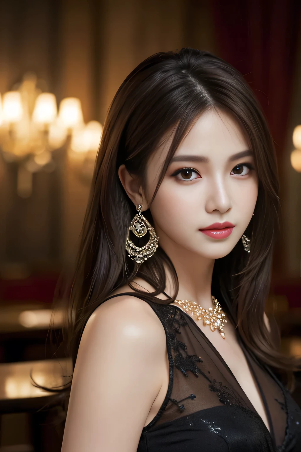 masterpiece, highest quality, Realistic, Very detailed, Finer details, High resolution, 8k wallpaper, One beautiful woman, Wear an elegant black see-through blouse, In a great restaurant, At night, Light brown messy hair, Perfect dynamic composition, Beautiful and beautiful eyes、Big earrings,