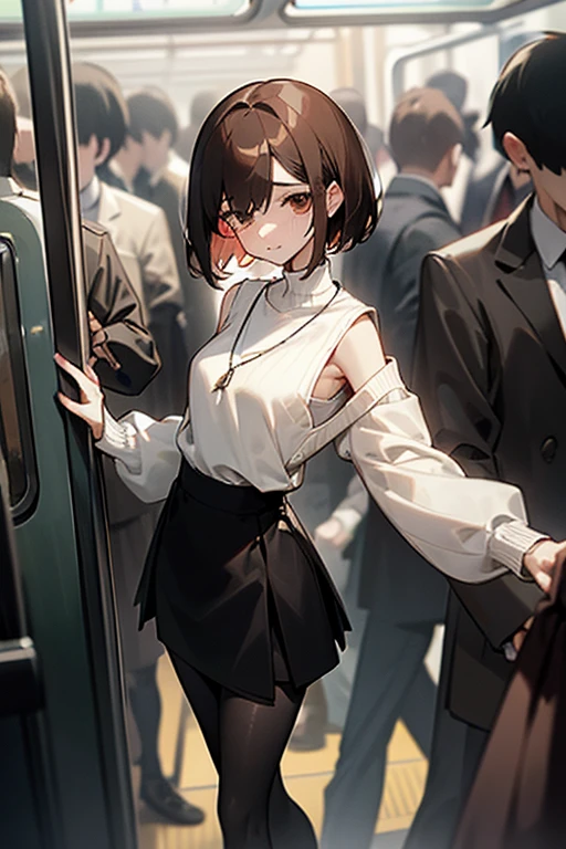 Brown short bob、Sleeveless white sweater、wearing a black jacket、Flared sleeves、Tight Skirt、Black Stockings、necklace、Extremely crowded train、There are a lot of people crowded together、Disheveled clothes、Your cheeks are red、slender、Curved waist、slender、Beautiful clavicle、There are a lot of people and they are close to each other、