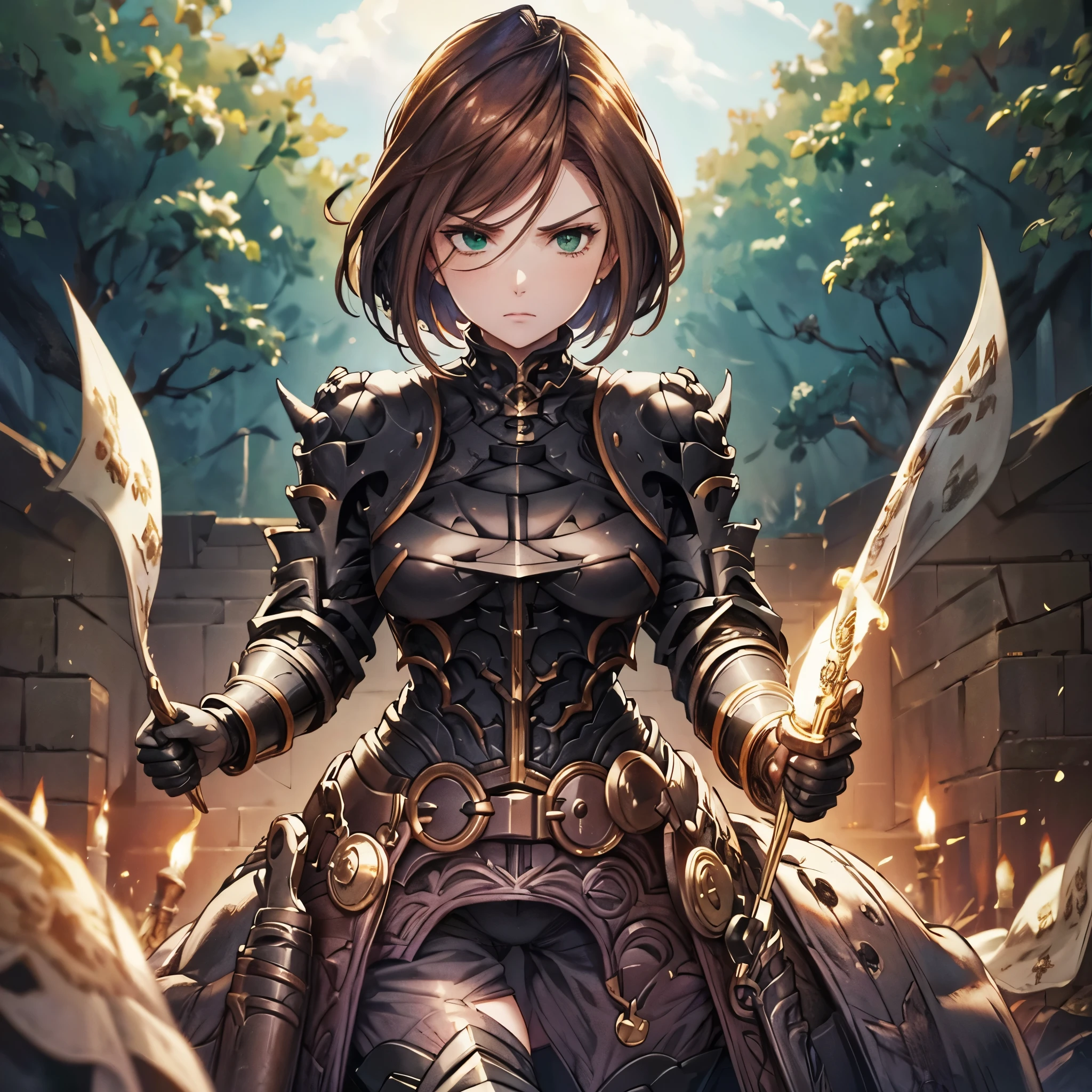  A woman wearing heavy black armor, black metal bracelet, black metal boots, gold details, short brown hair, green eyes, perfect face, serious face, on the outside of a fantasy medieval castle, with a wide view of a forest and clouded sky, UHD , masterpiece, accurate, anatomically correct, textured skin, super detail, high quality, best quality, 8k, high resolution, bokeh effect.
