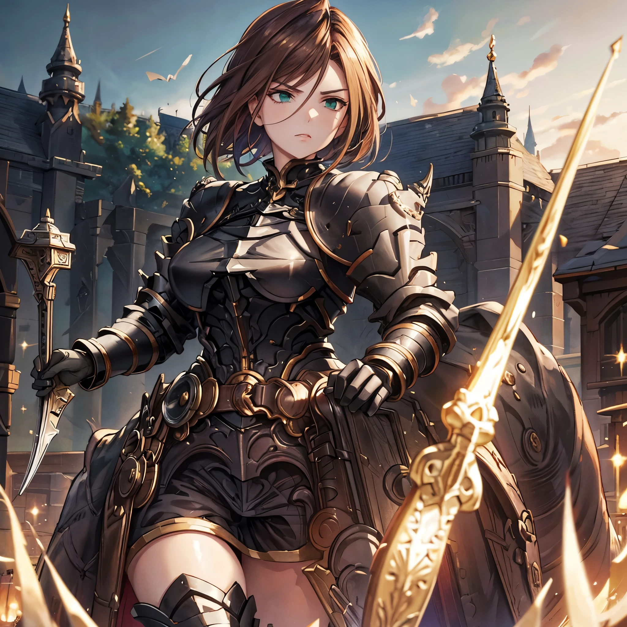  A woman wearing heavy black armor, black metal bracelet, black metal boots, gold details, short brown hair, green eyes, perfect face, serious face, on the outside of a fantasy medieval castle, with a wide view of a forest and clouded sky, UHD , masterpiece, accurate, anatomically correct, textured skin, super detail, high quality, best quality, 8k, high resolution, bokeh effect.
