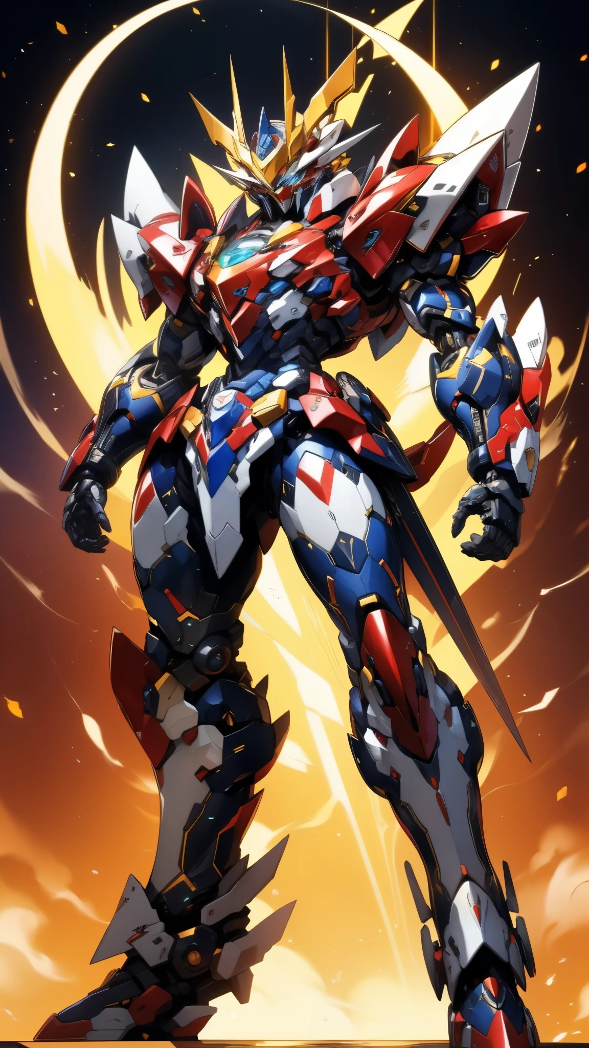 Humanoid Mecha, fully enclosed shoulder guards, matching arm and leg guards, full body, full armor, super robot, the design balances heavy with agility, (the color scheme is primarily white with red and blue accents, the concept Inspired by super robot, Dragon concept chest armor, pose, standing, floating high above the futuristic sci-fi city), exquisite and mature art style, (aura effect, energy, glowing eyes, the armor glows), ((SRS)), metallic, dramatic, high definition, best quality, highres, ultra-detailed, ultra-fine painting, extremely delicate, professional, perfect body proportions, anatomically correct, symmetrical face, extremely detailed eyes and face, high quality eyes, creativity, RAW photo, UHD, 32k, Natural light, cinematic lighting, masterpiece-anatomy-perfect, masterpiece:1.5