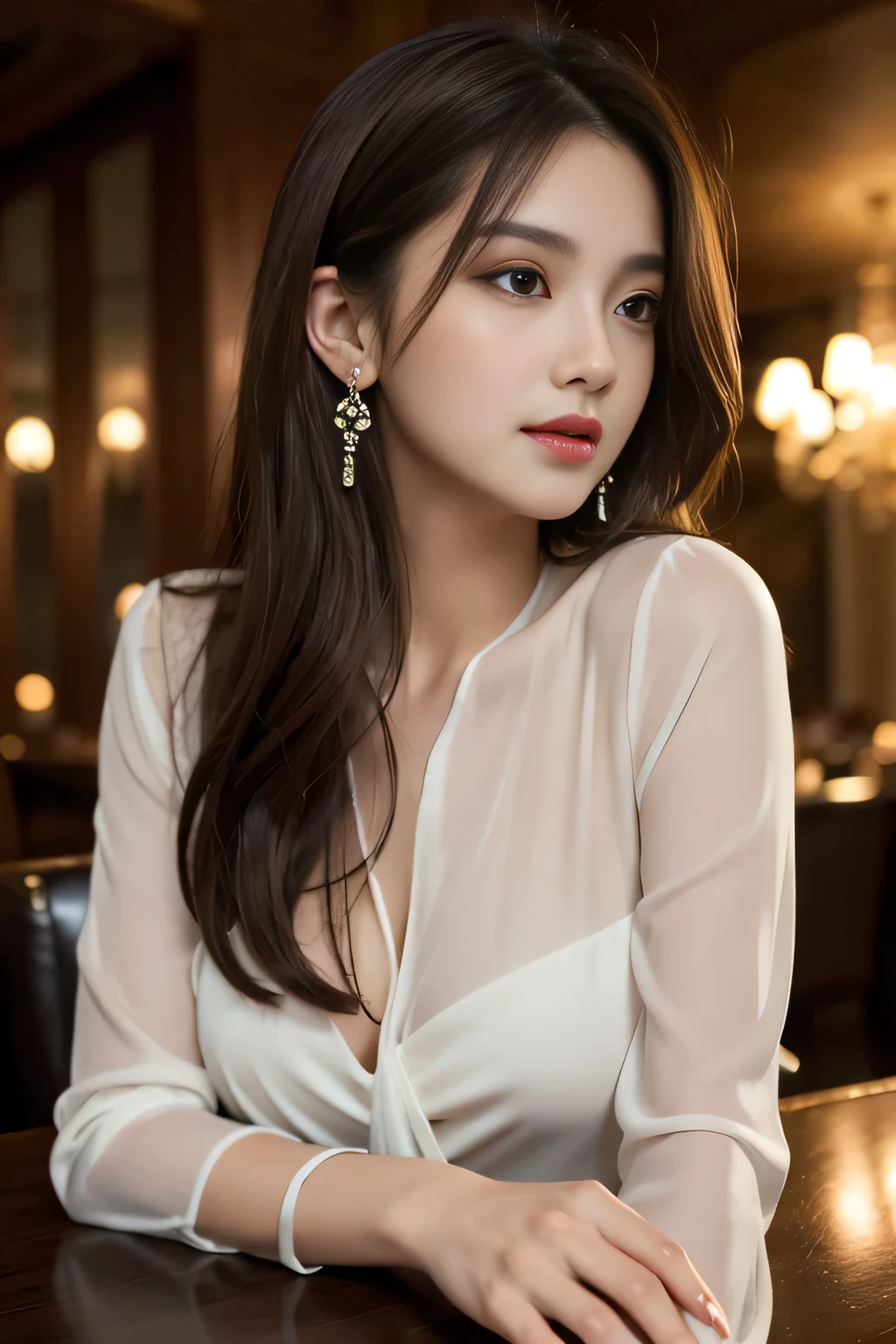 masterpiece, highest quality, Realistic, Very detailed, Finer details, High resolution, 8k wallpaper, One beautiful woman, Wear an elegant black see-through blouse, In a great restaurant, At night, Light brown messy hair, Perfect dynamic composition, Beautiful and beautiful eyes、Big earrings,