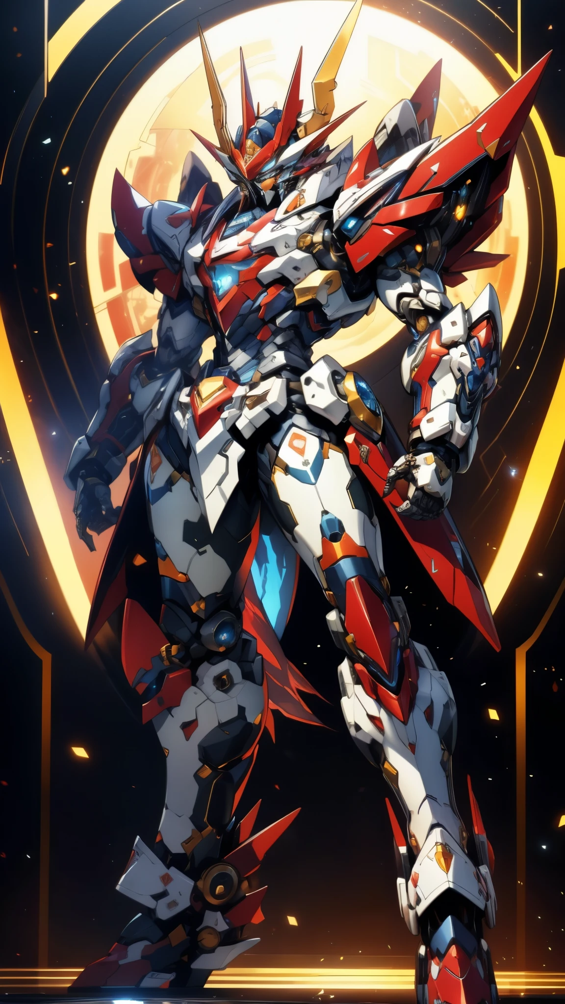 Humanoid Mecha, fully enclosed shoulder guards, matching arm and leg guards, full body, full armor, super robot, the design balances heavy with agility, (the color scheme is primarily white with red and blue accents, the concept Inspired by super robot, Dragon concept chest armor, pose, standing, floating high above the futuristic sci-fi city), exquisite and mature art style, (aura effect, energy, glowing eyes, the armor glows), ((SRS)), metallic, dramatic, high definition, best quality, highres, ultra-detailed, ultra-fine painting, extremely delicate, professional, perfect body proportions, anatomically correct, symmetrical face, extremely detailed eyes and face, high quality eyes, creativity, RAW photo, UHD, 32k, Natural light, cinematic lighting, masterpiece-anatomy-perfect, masterpiece:1.5