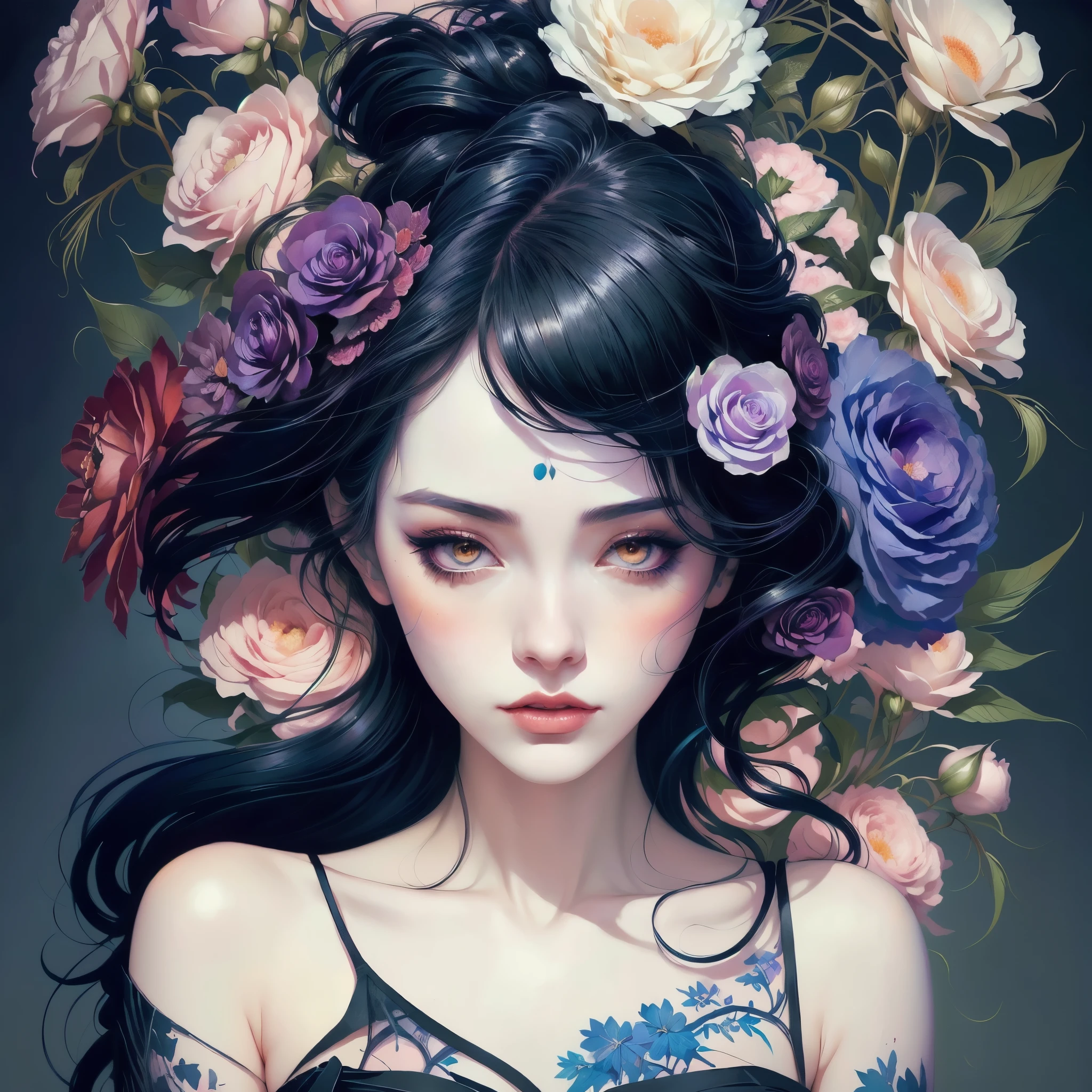 a painting of a woman with a black dress and flowers, inspired by Kelly McKernan, inspired by Harumi Hironaka, inspired by Sandra Chevrier, inspired by Nene Thomas, style of charlie bowater, tom bagshaw style, jana brike art, neoartcore and charlie bowater, in style of tom bagshaw, in style of charlie bowater