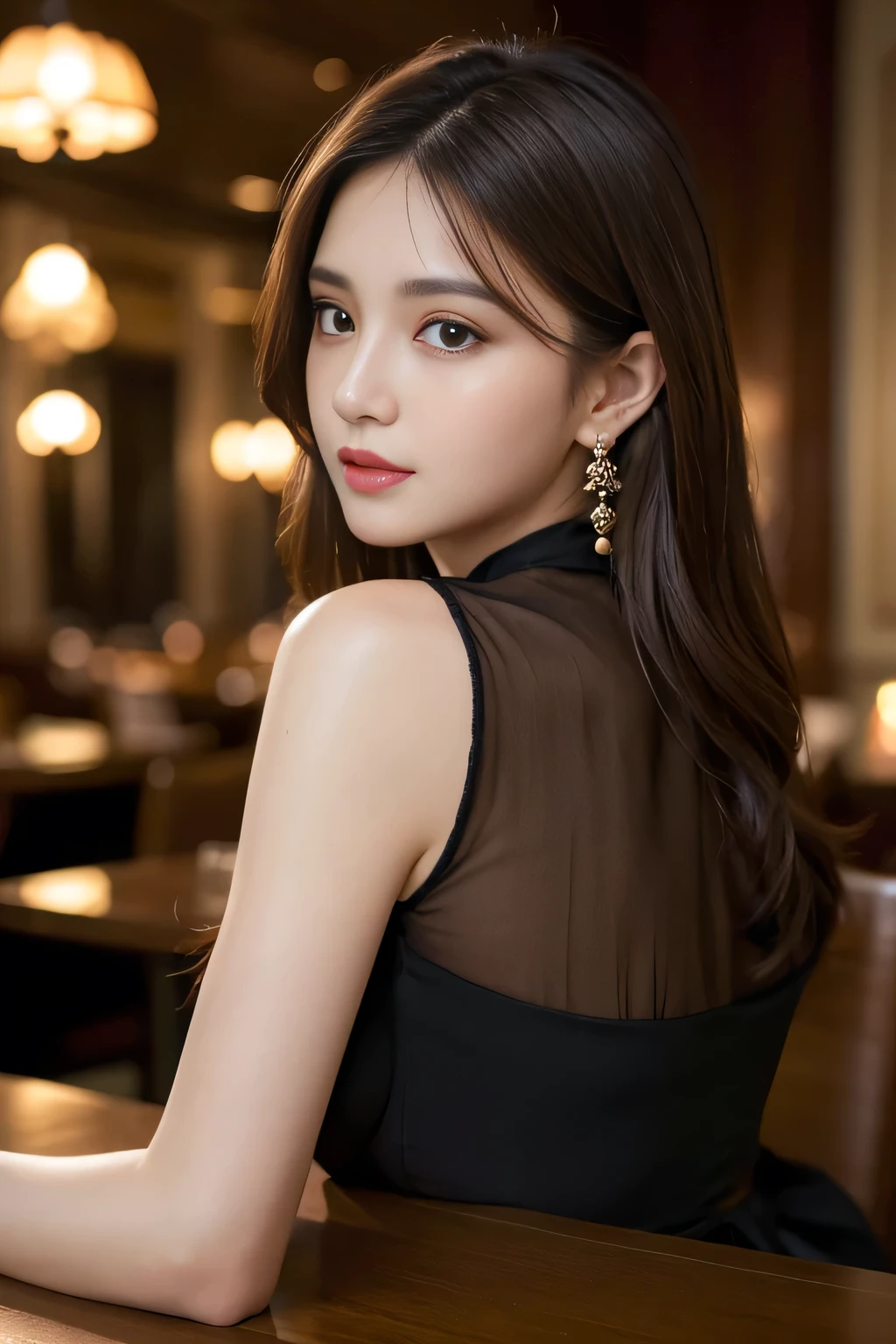 masterpiece, highest quality, Realistic, Very detailed, Finer details, High resolution, 8k wallpaper, One beautiful woman, Wear an elegant black see-through blouse, In a great restaurant, At night, Light brown messy hair, Perfect dynamic composition, Beautiful and beautiful eyes、Big earrings,