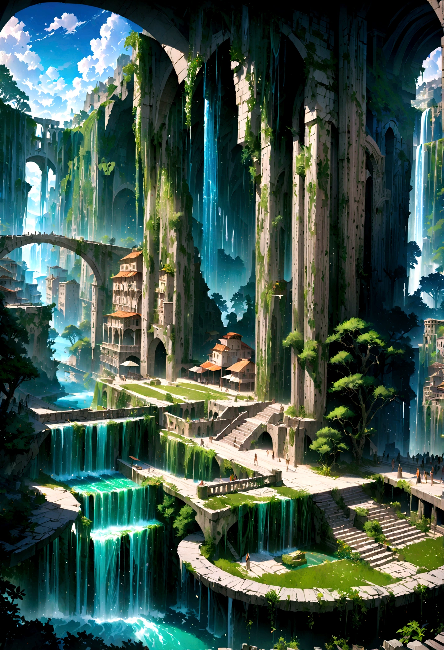 8K resolution, surreal, Super detailed, high quality, fantastical city, towering archways and bridges, cascading waterfalls, ancient ruins, lush greenery, winding river, blue skies with fluffy clouds, detailed stone structures, scenic landscapes, mix of natural and architectural beauty, vibrant colors