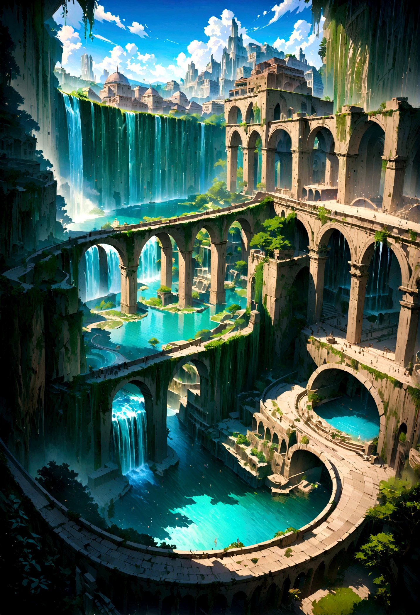 8K resolution, surreal, Super detailed, high quality, fantastical city, towering archways and bridges, cascading waterfalls, ancient ruins, lush greenery, winding river, blue skies with fluffy clouds, detailed stone structures, scenic landscapes, mix of natural and architectural beauty, vibrant colors