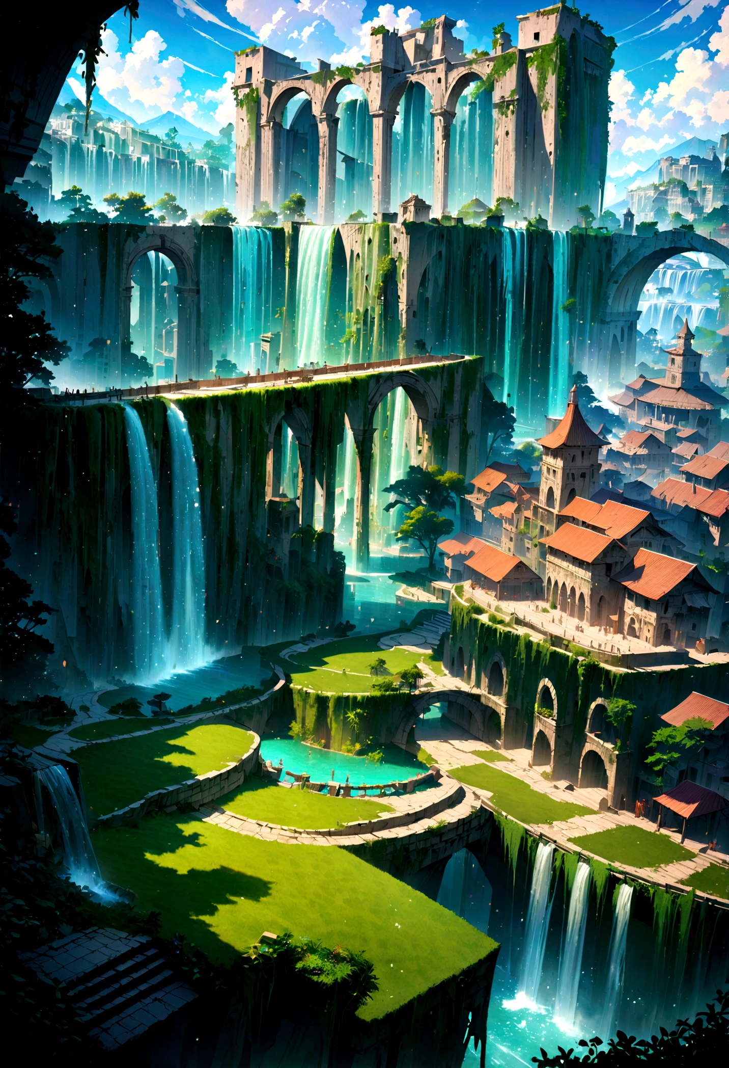 8K resolution, surreal, Super detailed, high quality, fantastical city, towering archways and bridges, cascading waterfalls, ancient ruins, lush greenery, winding river, blue skies with fluffy clouds, detailed stone structures, scenic landscapes, mix of natural and architectural beauty, vibrant colors