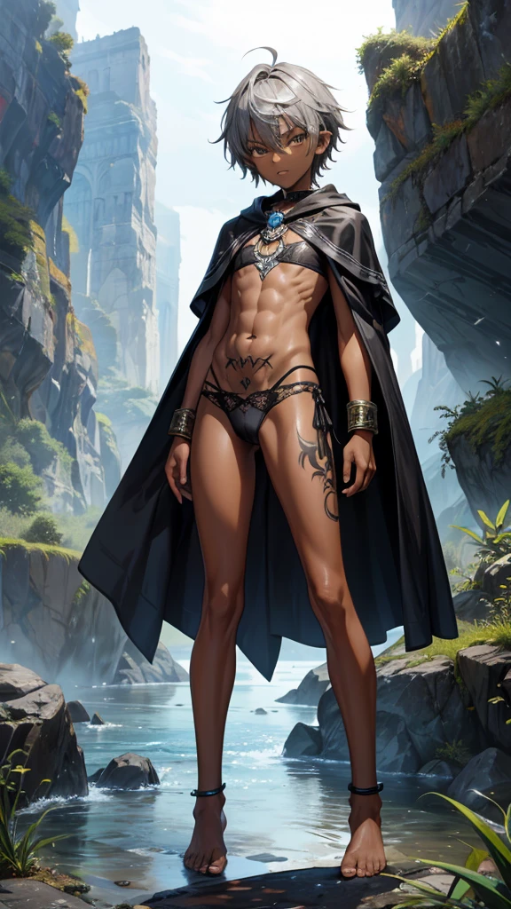 A -year-ooy wishort gray hair and dark skin，flat chest，Very slim figure，Cloak，tattoo，animal skin top，thong，animal skin skirt，Thin legs，barefoot，Valley River