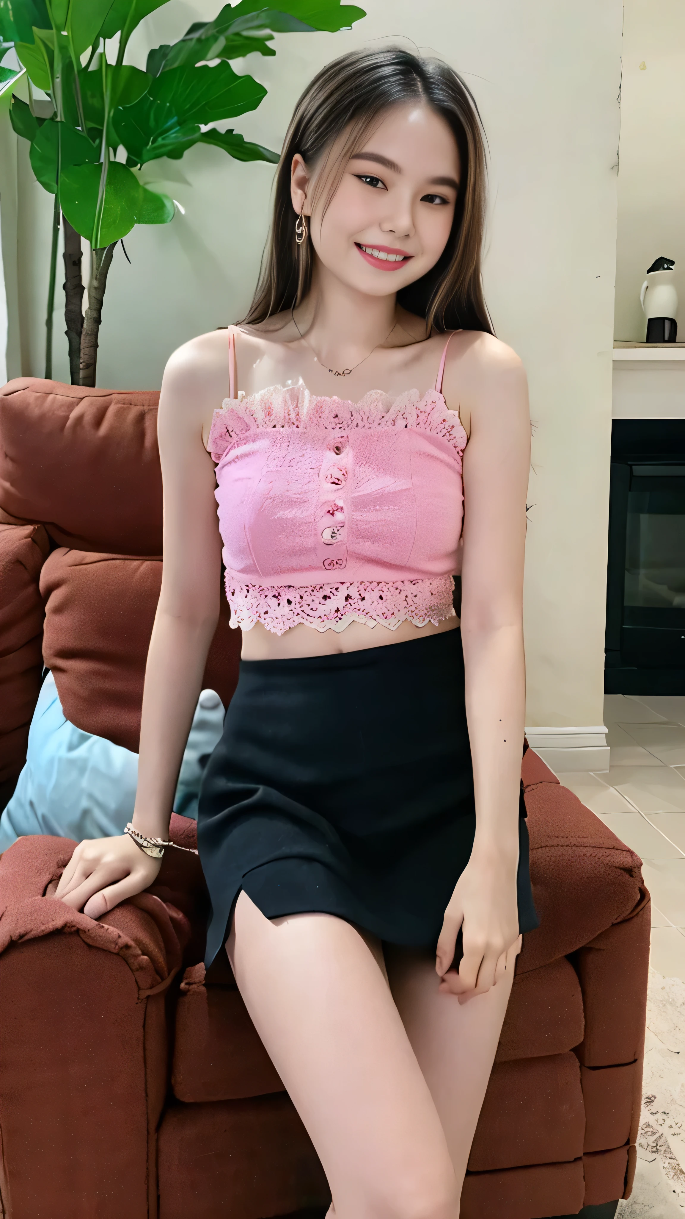 (8k, RAW photo, best quality, mastery:1.3), (realistic, photo-realistic:1.37), (looking viewer:1.331), posing Seductively, living room, soft light, 15 year old girl, short body, beautiful thighs, smaller chest, brunette hair, long hair, smile, pink lace camisole top, black short skirt