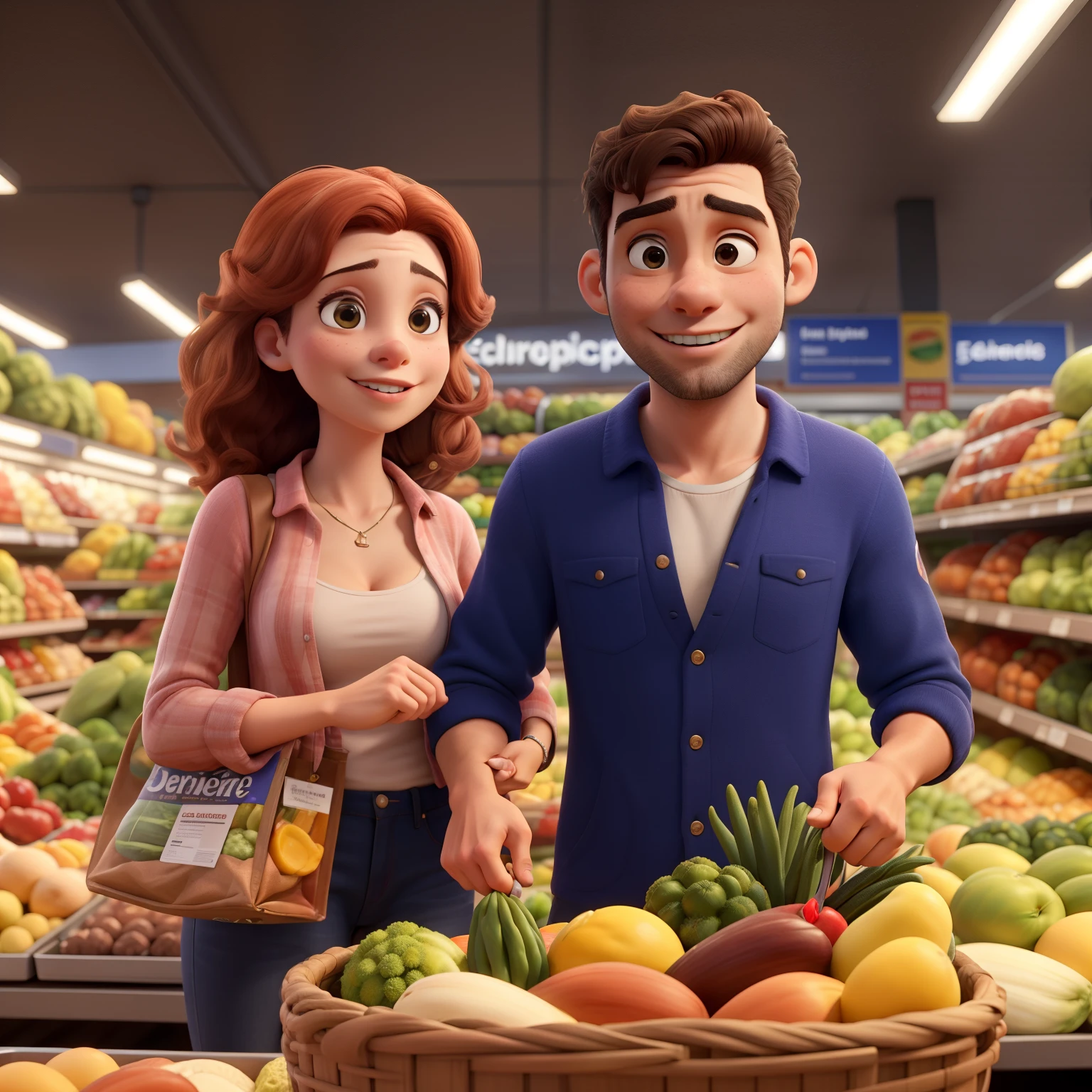 mulher loira e homem, ele comendo um abacaxi no supermercado e ela olhando o celular para compras no supermercado.