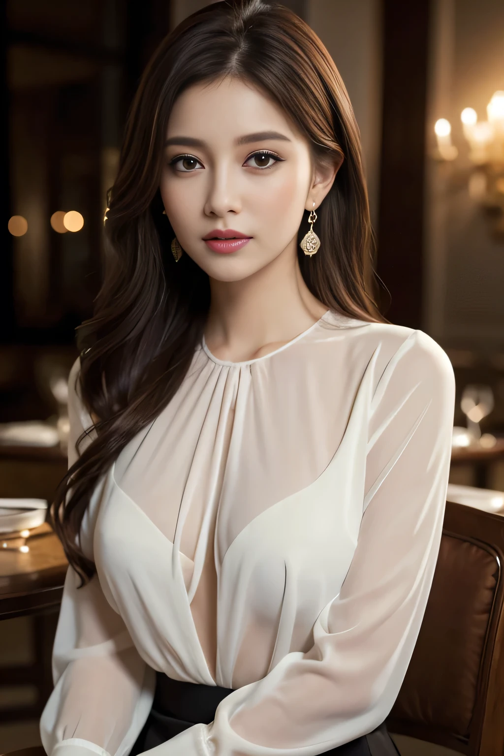masterpiece, highest quality, Realistic, Very detailed, Finer details, High resolution, 8k wallpaper, One beautiful woman, Wear an elegant black see-through blouse, In a great restaurant, At night, Light brown messy hair, Perfect dynamic composition, Beautiful and beautiful eyes、Big earrings,