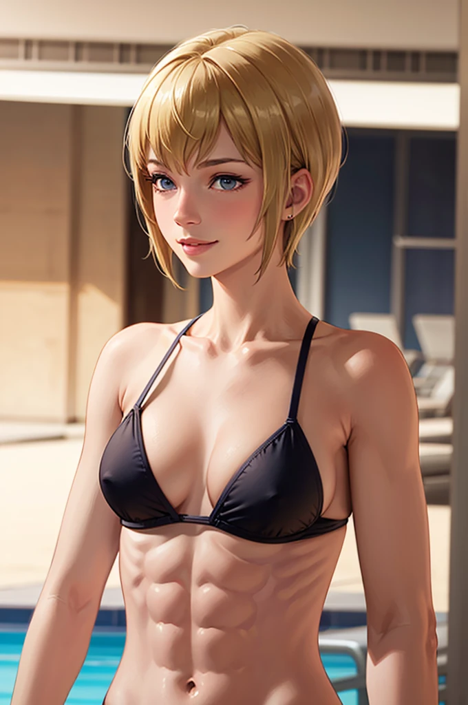 (best quality, masterpiece:1.2), ultra-detailed, realistic, mature woman, detailed hair, detailed eyes, detailed lips, kjelle, black bikini, hotel pool, blue sky, upper body, looking at viewer, realistic colors, studio lighting, short hair, Bob cut hair style,blonde hair,blue eyes, medium breasts, [abs:0.4], (muscular), from below, (shy smile), blushing