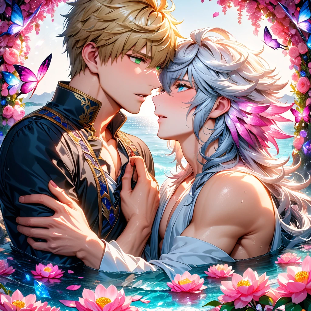 absurdres, highres, ultra detailed, HDR, master piece, best quality, Arthur Pendragon, blonde hair, expressive green eyes, fate grand order, Merlin, white long hair, expressive blue eyes, two sexy men together, gay couple, yaoi, handsome, white tunic, black tunic, fantasy, water, pink flowers, pink blossoms, pink butterflies, pink petals