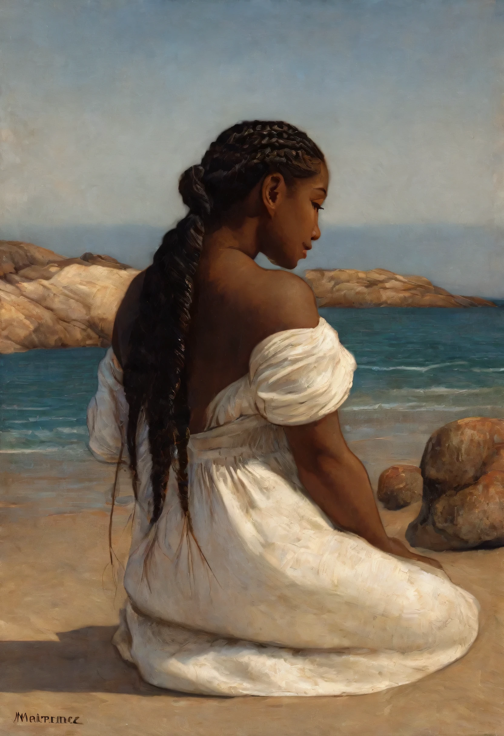 painting of a woman sitting on a beach with her back to the camera,  she has two braids in her hair, estilo Alfredo Ramos Martinez,  mulher com cabelo preto, magrita pura. detalhado, olhando por cima do ombro, 