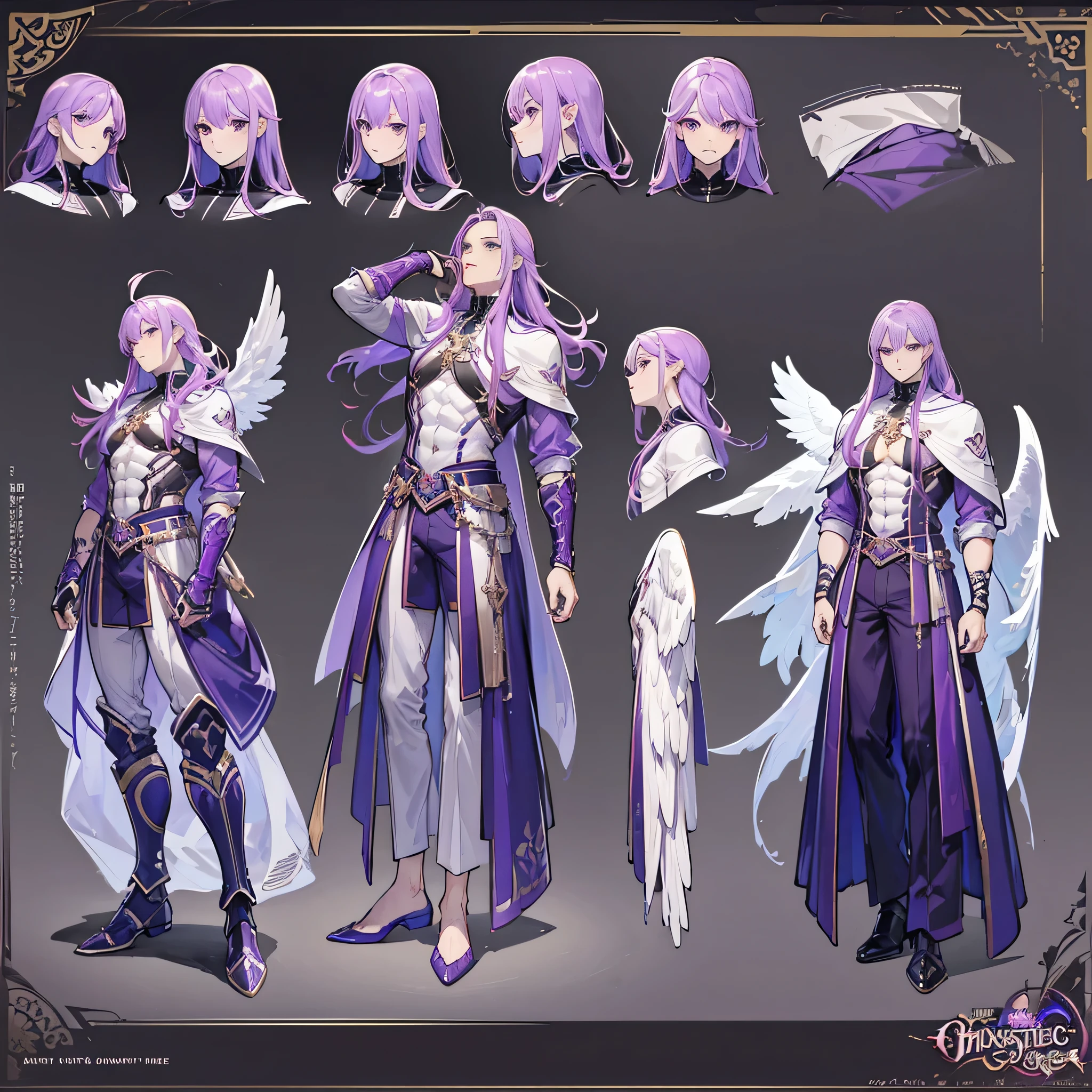 (Masterpiece, best quality), detailed, 1 man, ((character concept art)), ((character design sheet, same character, front, side, back)), full body, body complete, 1 Male, 1 Man, Detailed face, character design sheet,full bodyesbian, Highly detailed, character sheet, character design, Many parts, dark skin, angel wings, long purple hair, angel outfit, muscle male god, male clothes, masculine, muscle man, male muscle, manly, male angel, Muscle male with purple long hair,beautiful man, abs, pectoral muscle