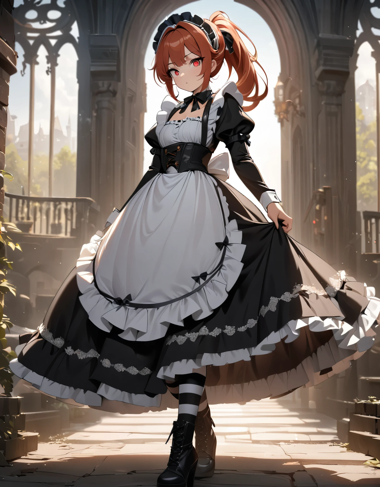 (best quality,4k,8k,highres,masterpiece:1.2),ultra-detailed, (1girl) A cute teenage gunslinger maid with red eyes, drawn in anime style, spiky ginger hair in a long ponytail, protective and caring, victorian fashion, wearing a cute black maid dress with short puffy sleeves, gorgeous dress design,flowing gown,elaborate lace details,rich textures,contrast stitching,delicate ribbon bows,floral accents,full skirt,long sleeves,fitted waistline,lace-up back,luxurious fabrics,flawless silhouette, corset, tactical gear, light armour, petticoat, bloomers, a frilly headband, a frilly white apron, high-heel boots, striped stockings, ribbons, wielding a steampunk pistol, steampunk style, guarding a castle hallway, extremely detailed eyes and face,longeyelashes,volumetric lighting,cinematic lighting,protective posture,dramatic close up,highly detailed texture,intricate details.