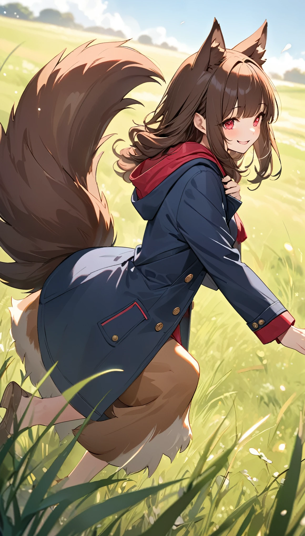 best quality, super fine, 16k, incredibly absurdres, extremely detailed, delicate and dynamic, cute wolf beast woman, ruby-red eyes, brown ears, straight brown hair, blunt bangs, fluffy brown tail, captivating look, aroused expression, slender, wearing navy blue long coat with hood, smiling and frolicking in the grassland, gentle effects of sparkling pastel colors, cute images with a delicate and gentle touch