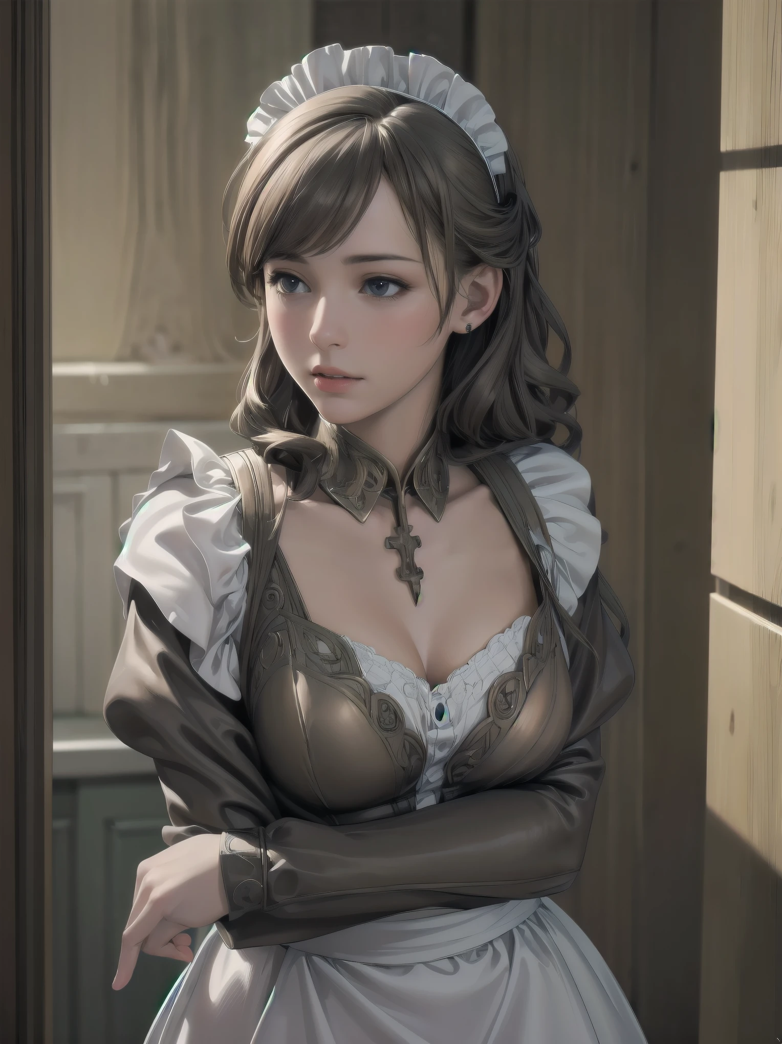 1girl,best quality,ultra-detailed,high resolution,(photorealistic, realistic, photo-realistic:1.2),good night, (bronze hear:1.2), maid